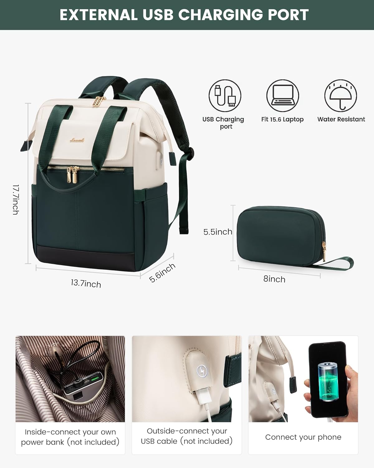 LOVEVOOK Laptop Backpack for Women, 15.6 Inch Work Laptop Bag with USB Port, Fashion Teacher Nurse Backpack Purse, Waterproof Travel Computer Backpack with Organizer Bag, 2PCS, Beige-Green