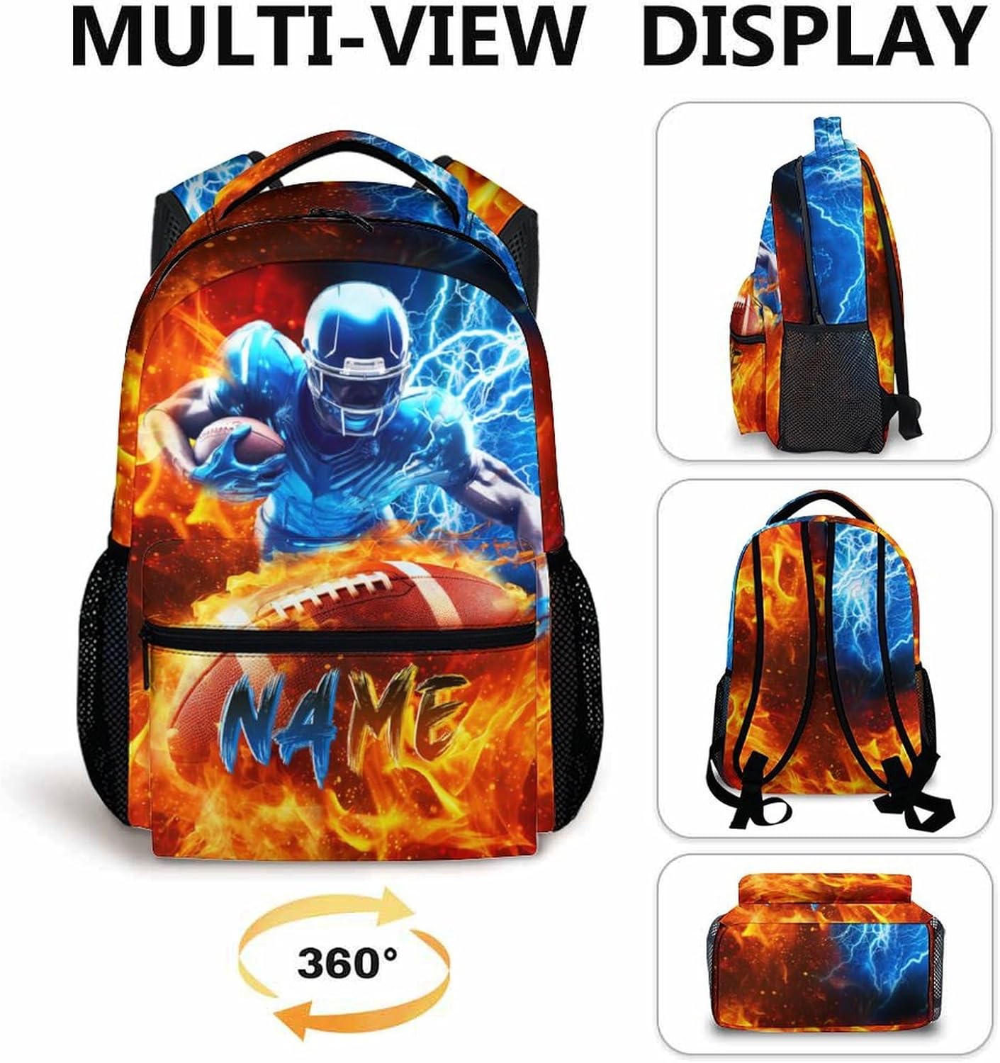 Boys Backpack, Football Backpacks with Custom Name for Kids Teens, 17 Inch Lightweight Sport School