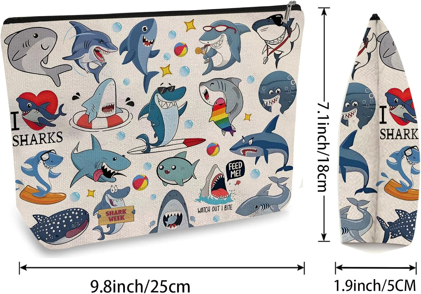 DOOX Shark Makeup Bags with Lining, Funny Cosmetic Bags Pencil Pouch - Double-Sided Print - Cute Birthday & Christmas Shark Gifts for Daughter, Sister, Women