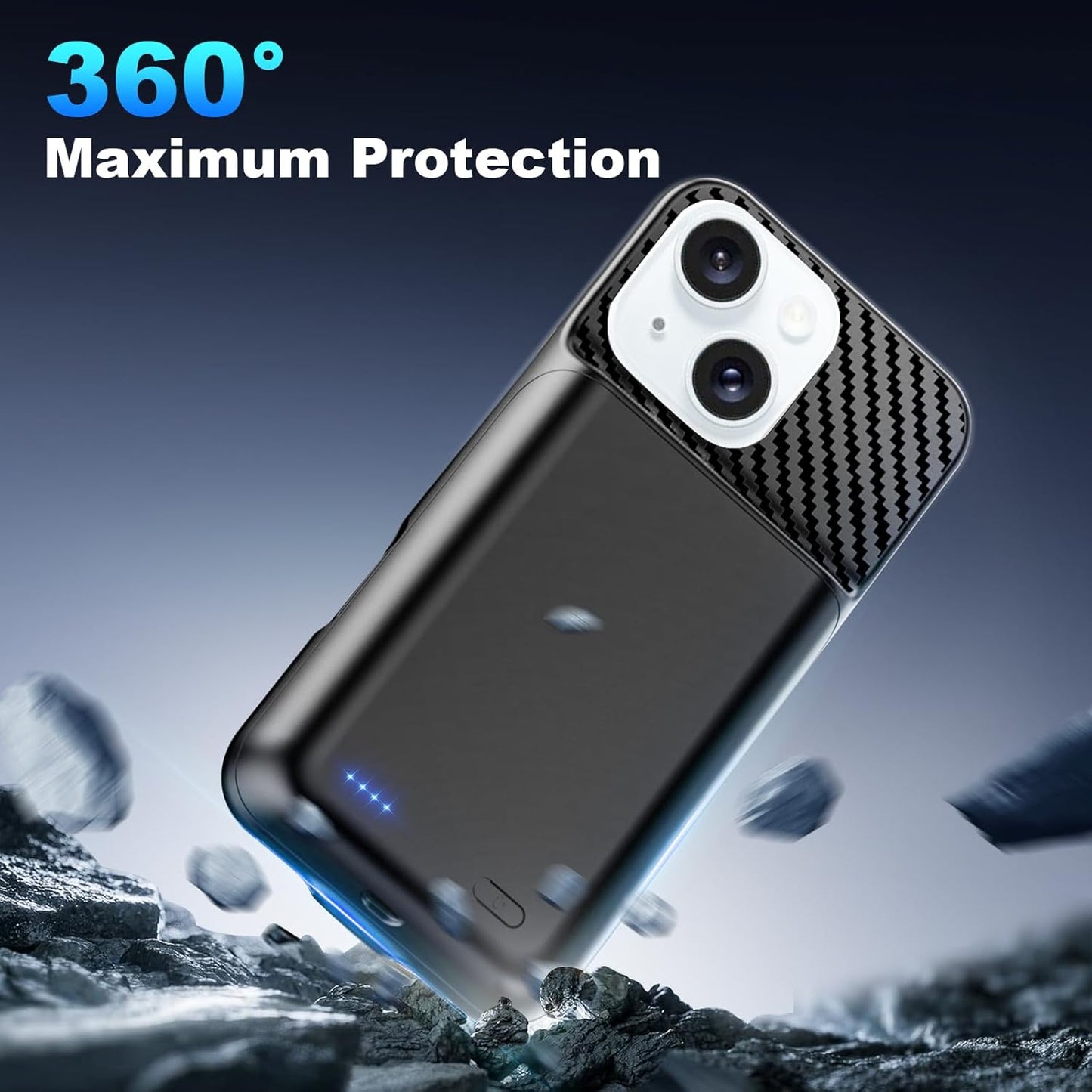 Battery Case for iPhone 15 Plus (6.7 inch), 2025 Upgraded High Capacity 13800mAh Battery Pack Rechargeable Charger External Charging Case with Tempered Glass Screen Protector Black