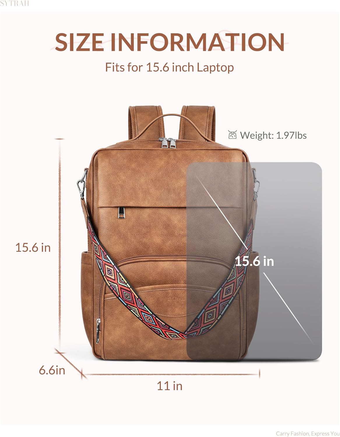 Leather Laptop Backpack for Women, 15.6 Inch Business Computer Bag, Designer College Backpack Travel Backpack with Colorful Shoulder Bag Strap Mocha Brown