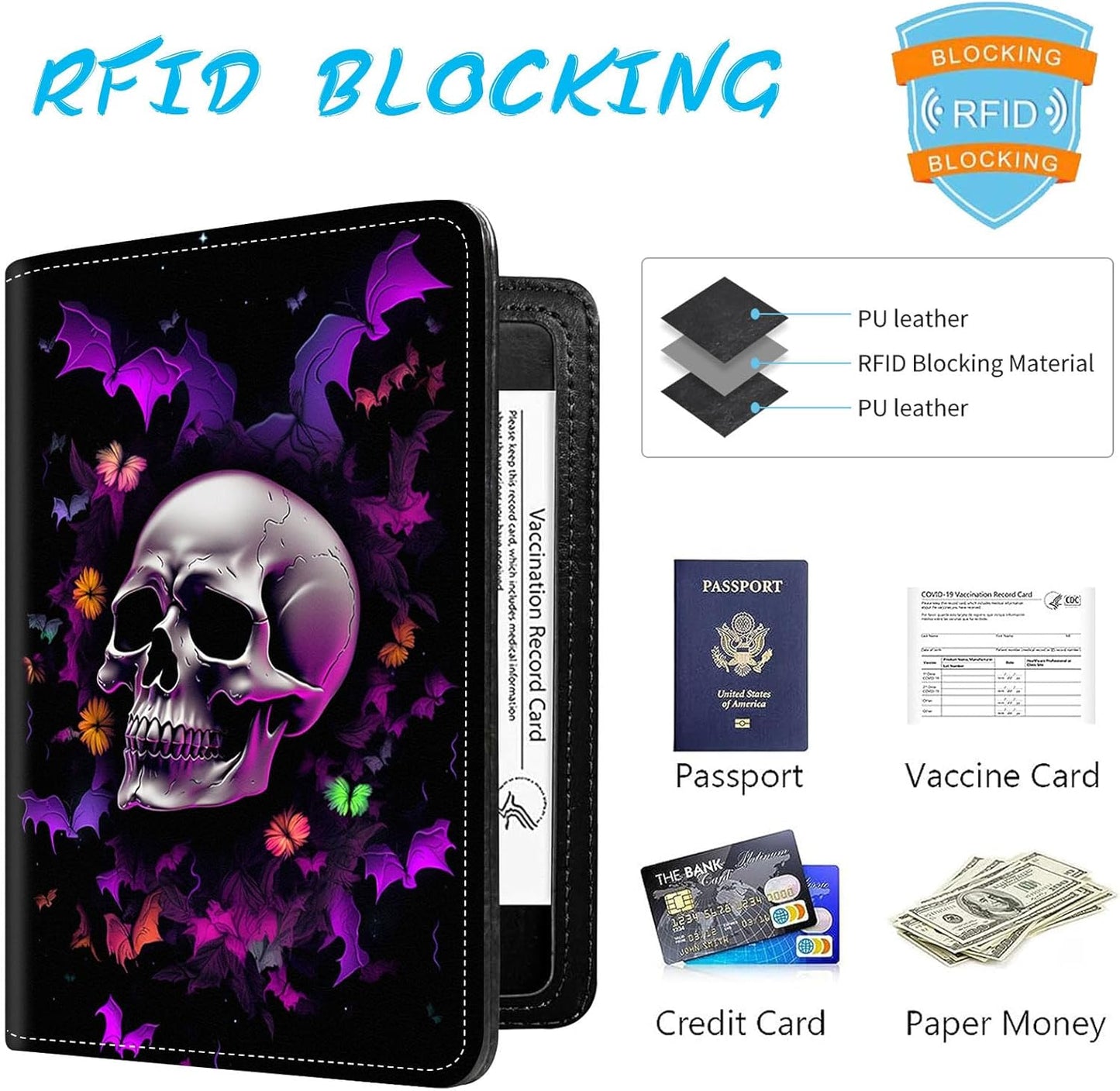 Passport Holder Cover Wallet Travel Essentials RFID Blocking Case Leather Passport Cover Wallet Vaccine Card Slot Organizer for Men Women, Halloween Skull