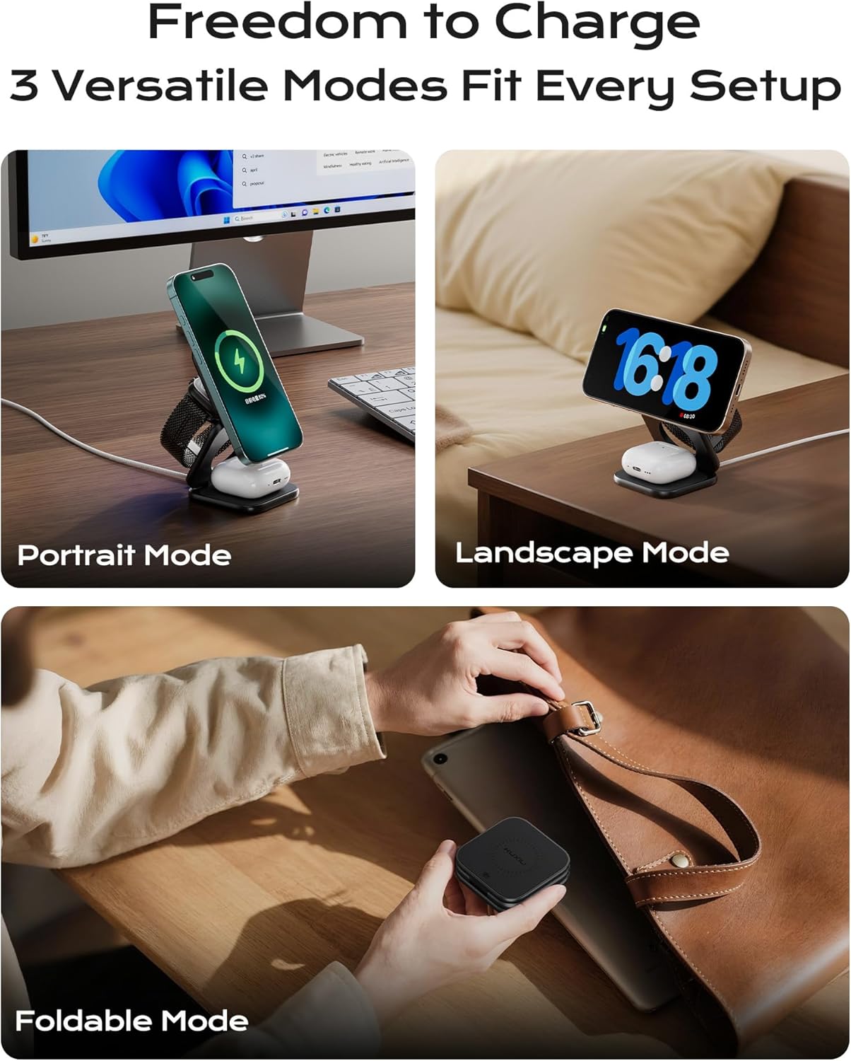 KU XIU Qi2.2 25W Magnetic Wireless Charger, Foldable 3 in 1 Travel Charging Station for iPhone 17/16/15/14/13/12, 5W for Apple Watch & AirPods, Aluminum Alloy Design, 45W GaN Adapter Included, Black