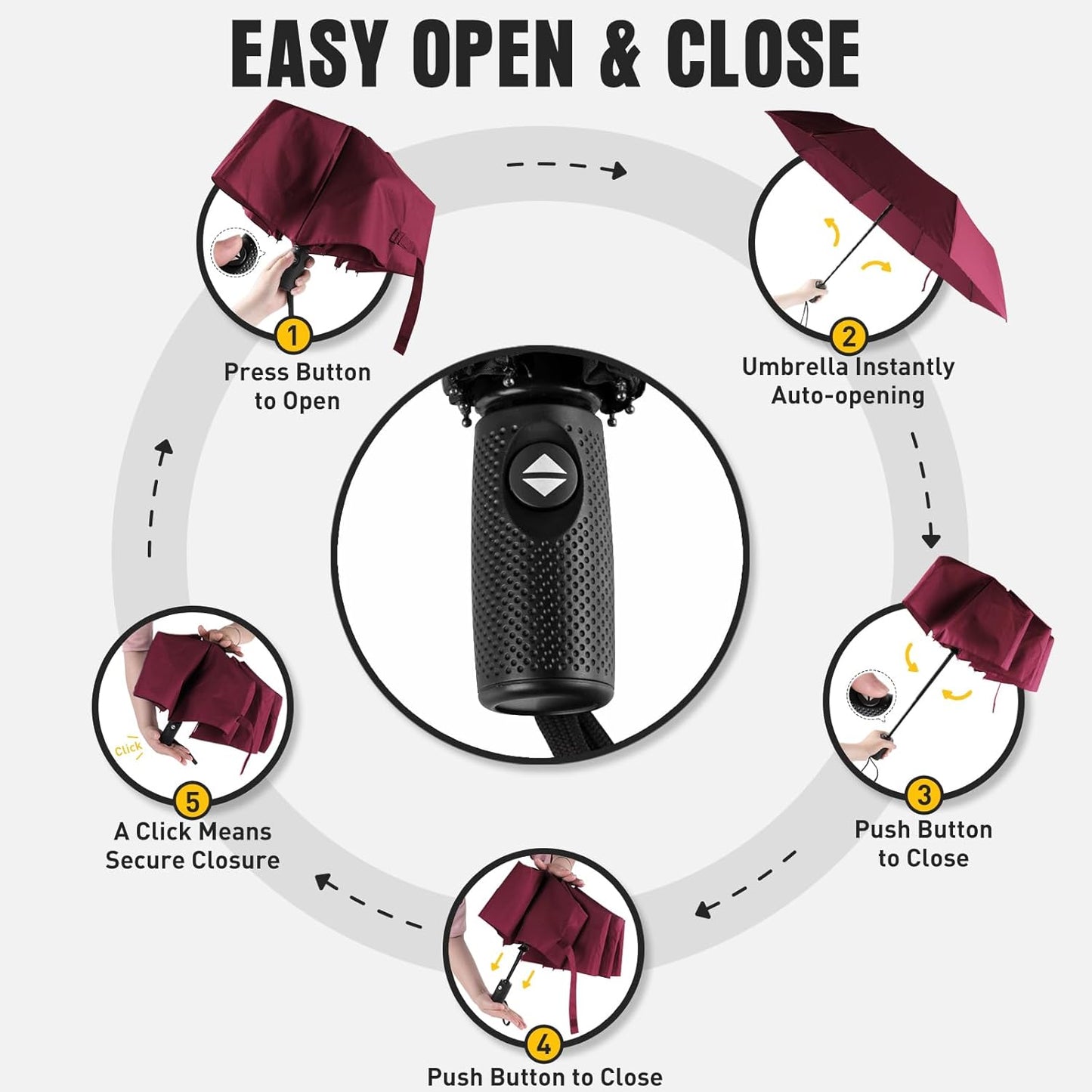 Windproof Travel Umbrella, Compact Umbrella, Car Umbrellas for Rain & Sun, 8 Fiberglass Ribs for Strong UV & Wind Resistance, Portable, Lightweight, Vent, Easy Automatic Open/Close