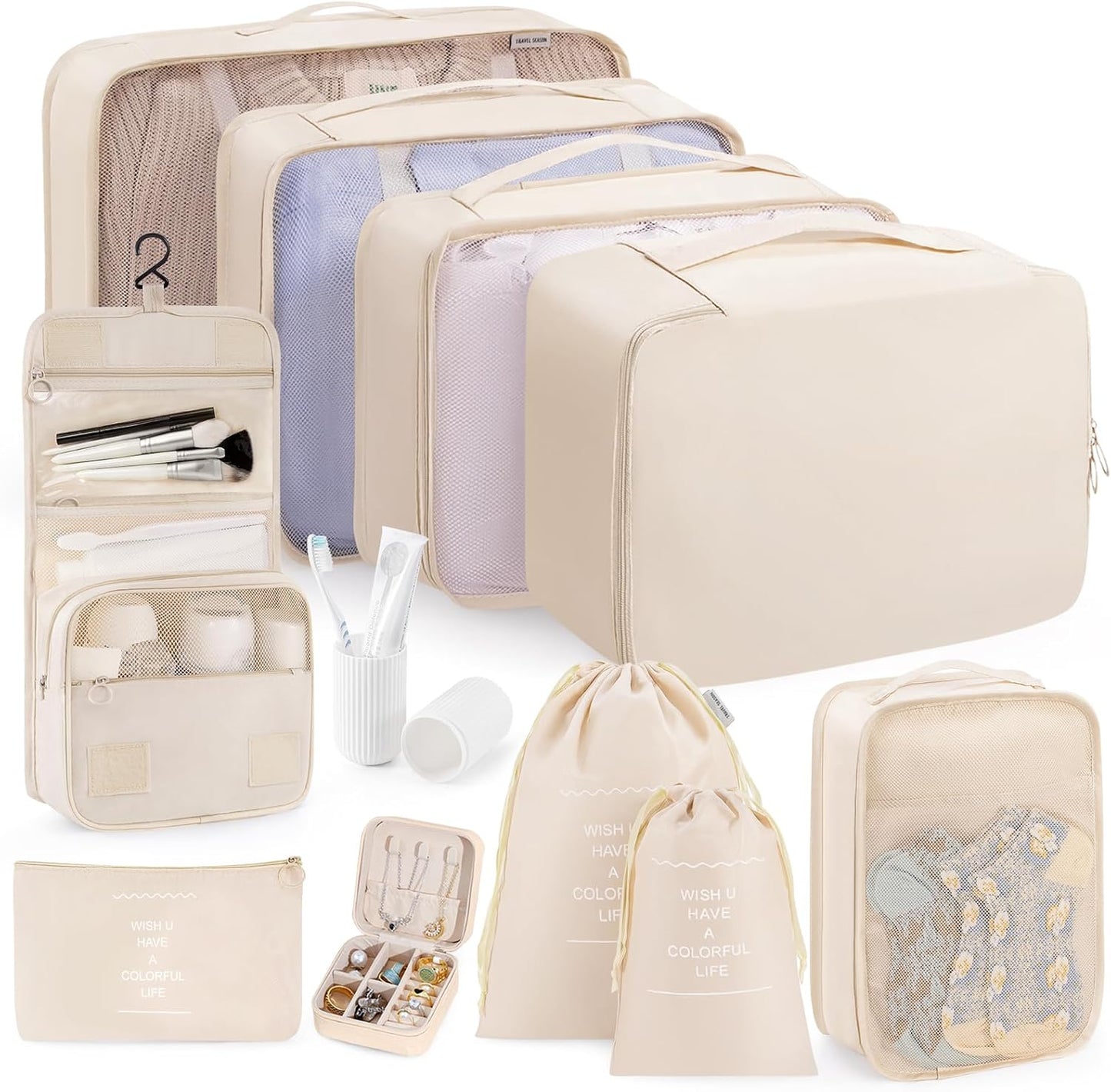 Packing Cubes 11 Set, Suitcase Organizers, Luggage Organizer Bags, with Toiletry Bag, Travel Essentials, Beige, Cream