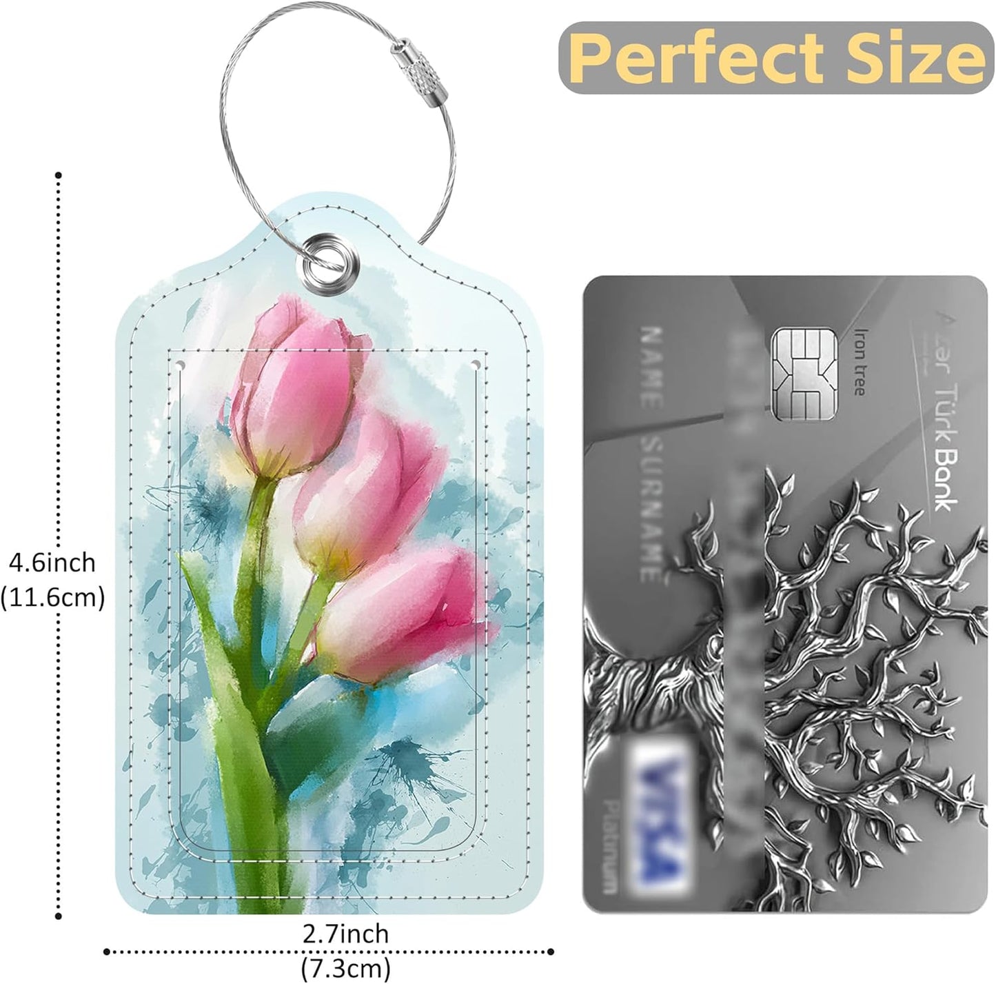 Set of 2 Luggage Tags Watercolor Tulips Flowers Leather Suitcases Tag with Privacy Cover Stainless Steel Loop and Address Card for Women Men Travel