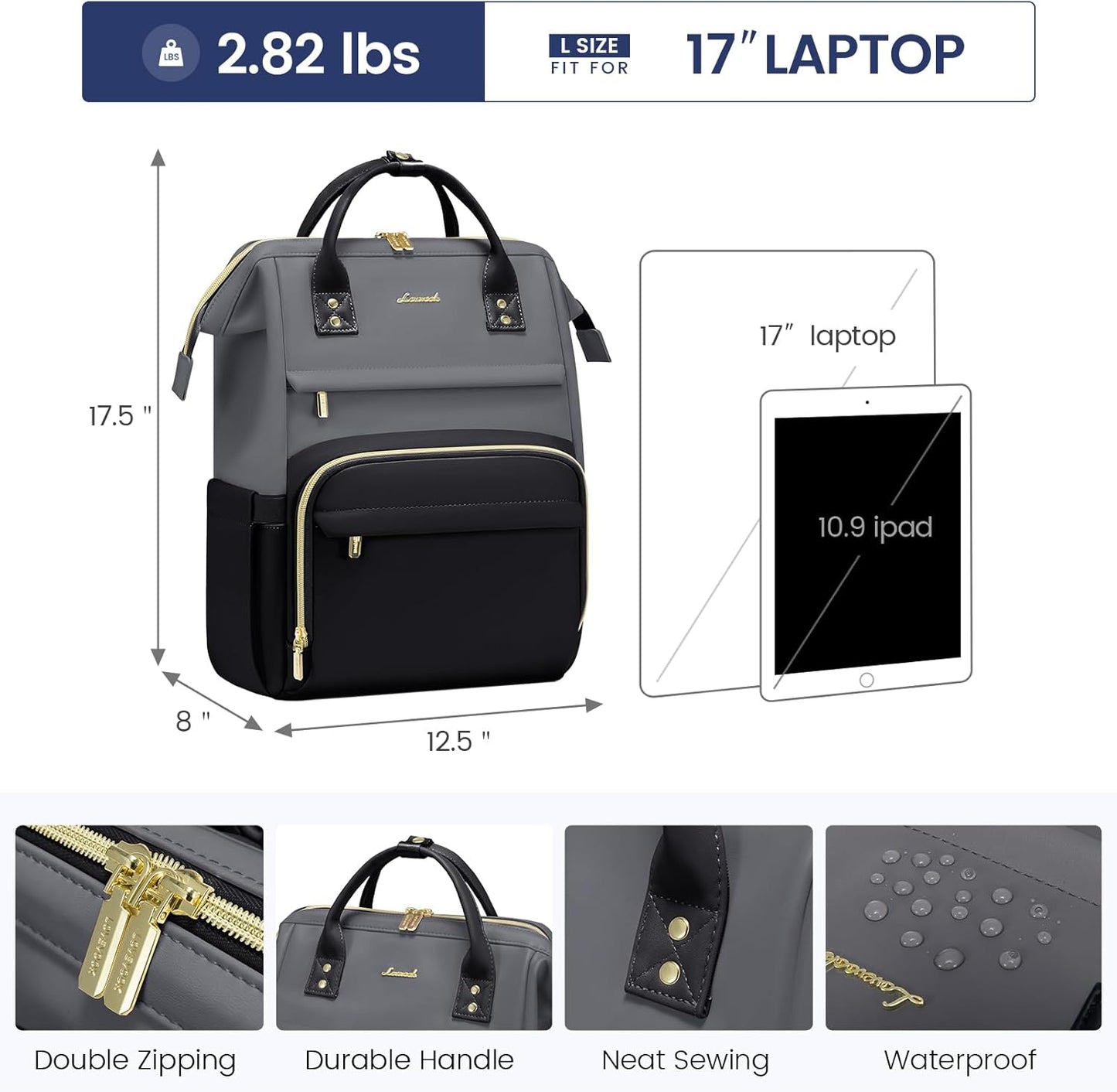 LOVEVOOK Leather Backpack for Women,17 inch Leather Laptop Backpacks Women,Professional Work Backpacks Nurse College Teacher Bag,Womens Laptop Tote Bag Computer Travel Backpack Purse,Smoky Gray-Black
