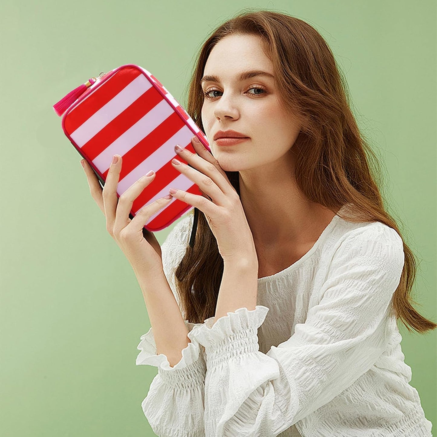 Stripe Makeup Bag Travel Cosmetic Bag Organizer Tassel Toiletry Bag Large Canvas Zipper Pouch and Accessories Storage Bag for Women