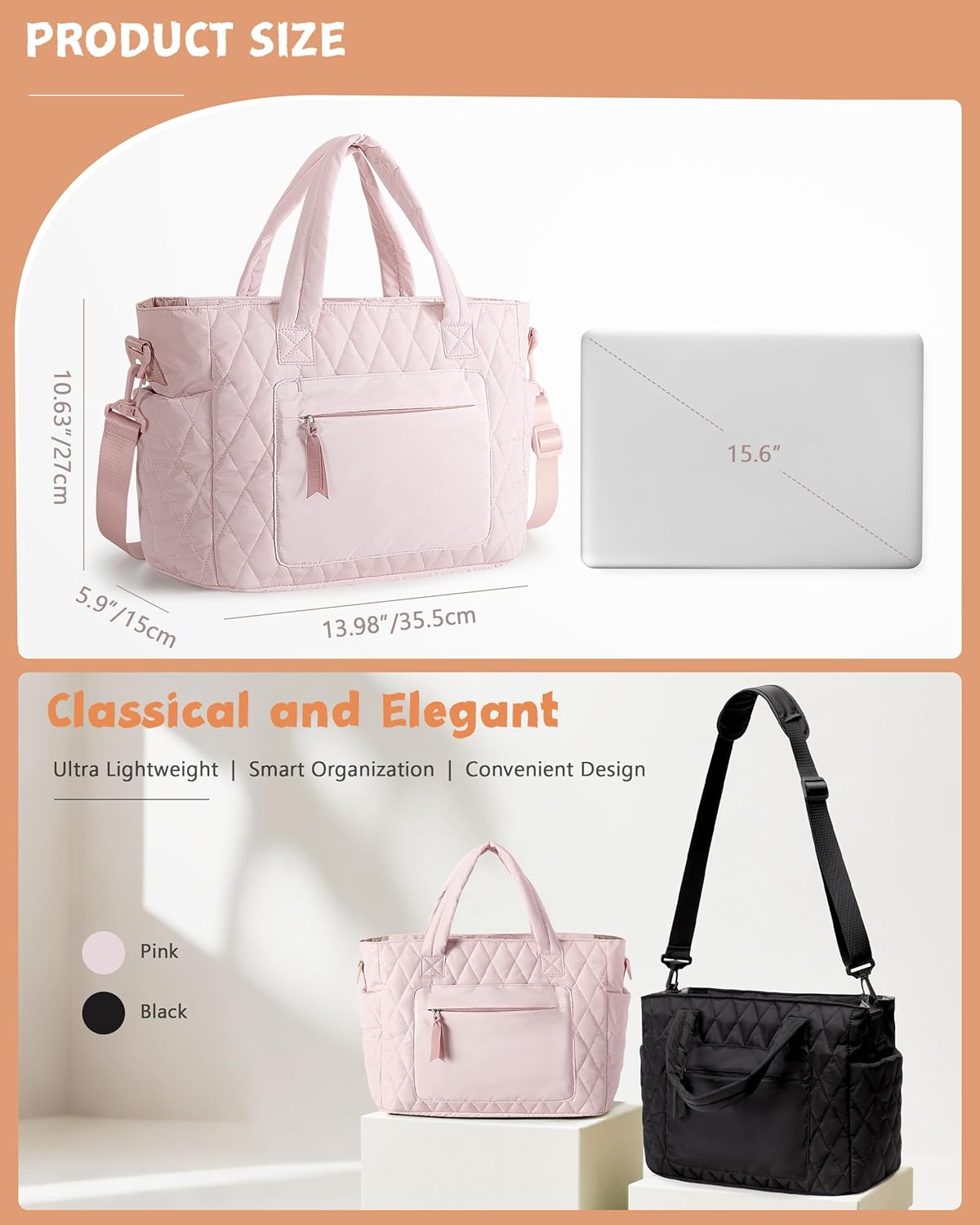 Tote Bag for Women - Puffer Work Tote with Laptop Compartment, Quilted College Shoulder Bag with Zipper for Work