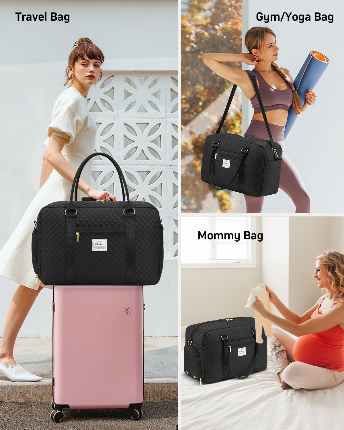 Travel Duffle Bag, Weekender Bags for Women with Shoe Compartment, Carry on Overnight Bag with Toiletry Bag & Wet Pocket, Hospital Bags for Labor and Delivery (Black)