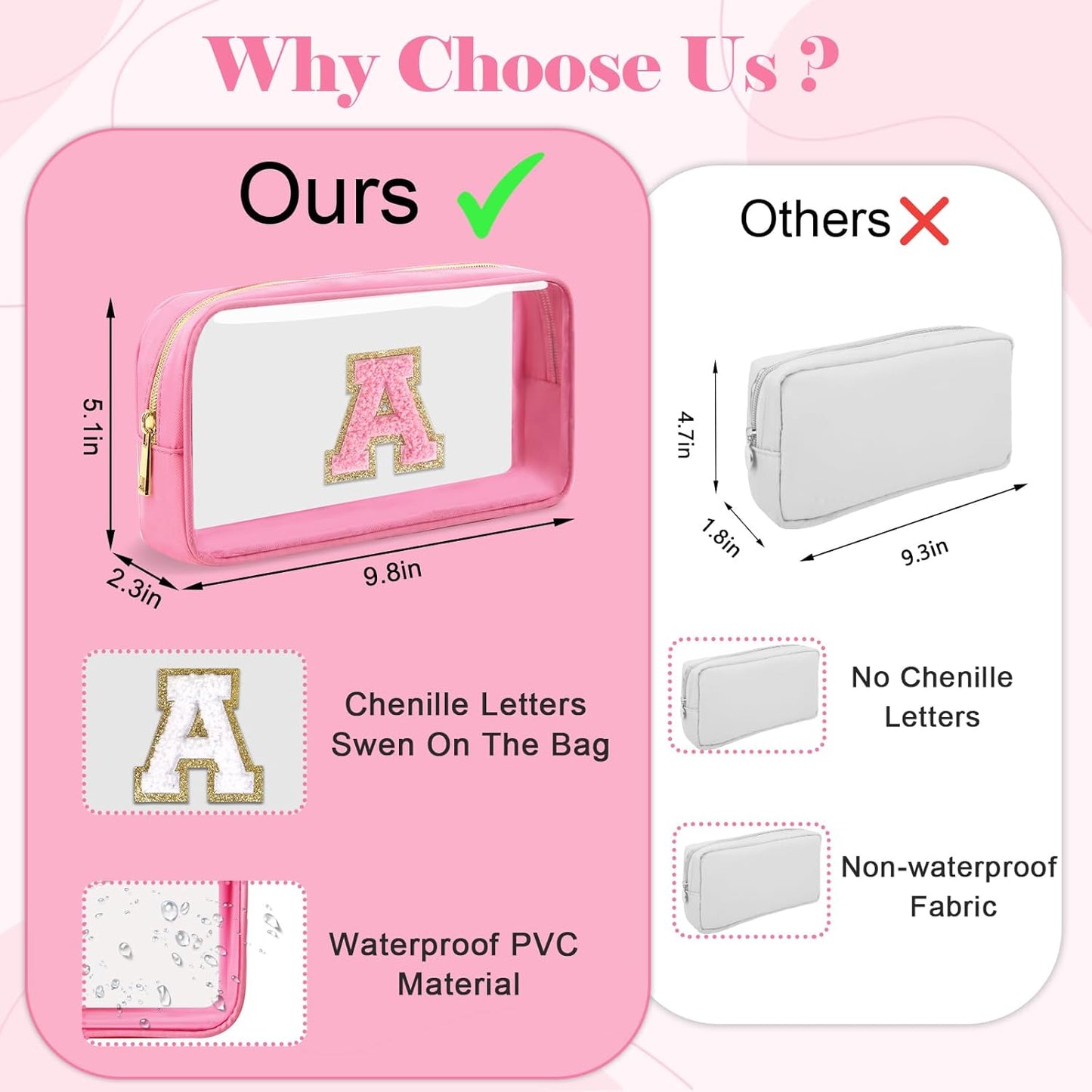 Personalized Initial Letter Clear Makeup Bag,Preppy Small Nylon&PVC Cosmetic Zipper Bag with Chenille Letter,Portable Beach Travel Skincare Toiletry Bag,Trendy Monogram Gift for Teen Girls Women,D