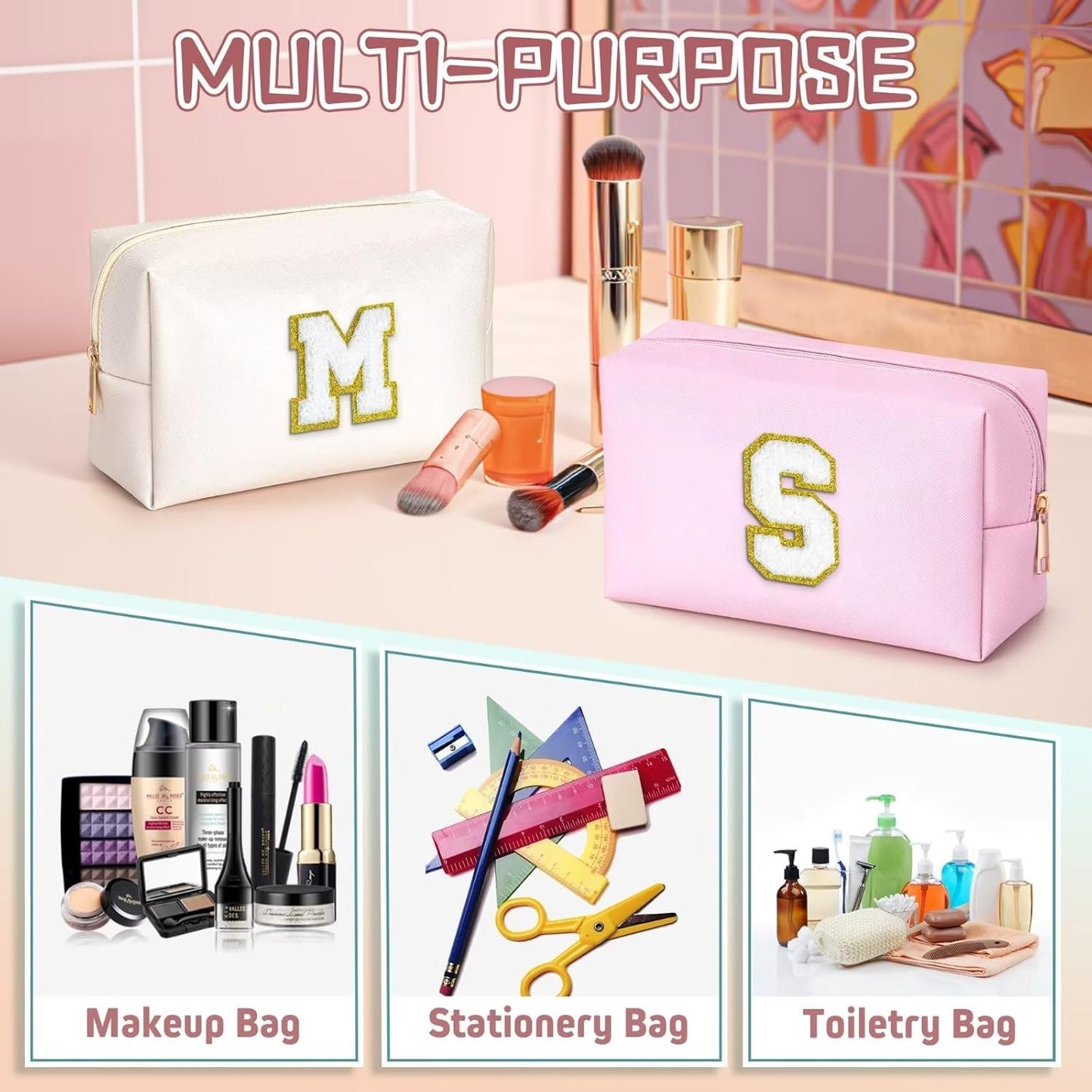 TOPEAST Preppy Bag, Monogrammed Makeup Bags with Zipper, Cute Makeup Pouch, Initial Birthday Gifts