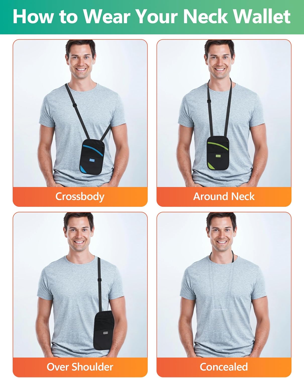 Peicees Neck Wallet, RFID Blocking Passport Holder, Easy to Conceal Travel Pouch, Grey