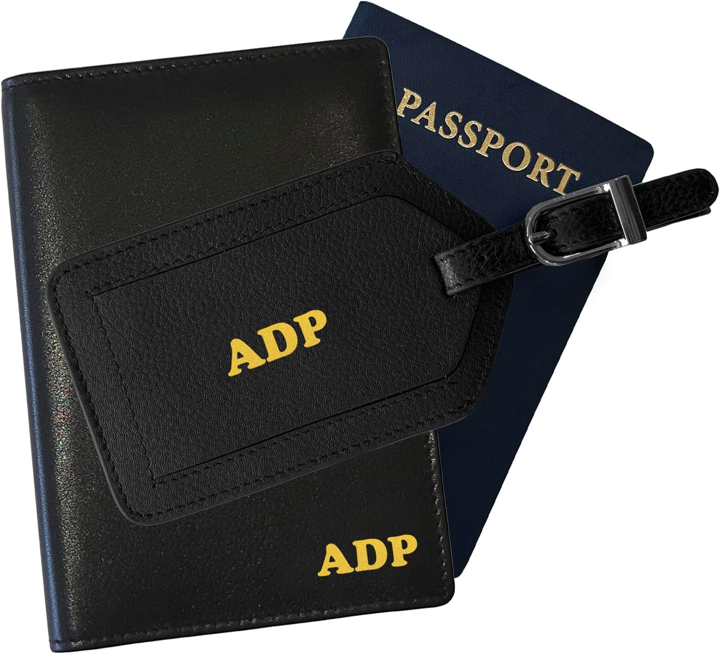 Personalized Monogrammed Black Leather RFID Passport Wallet and Luggage Tag