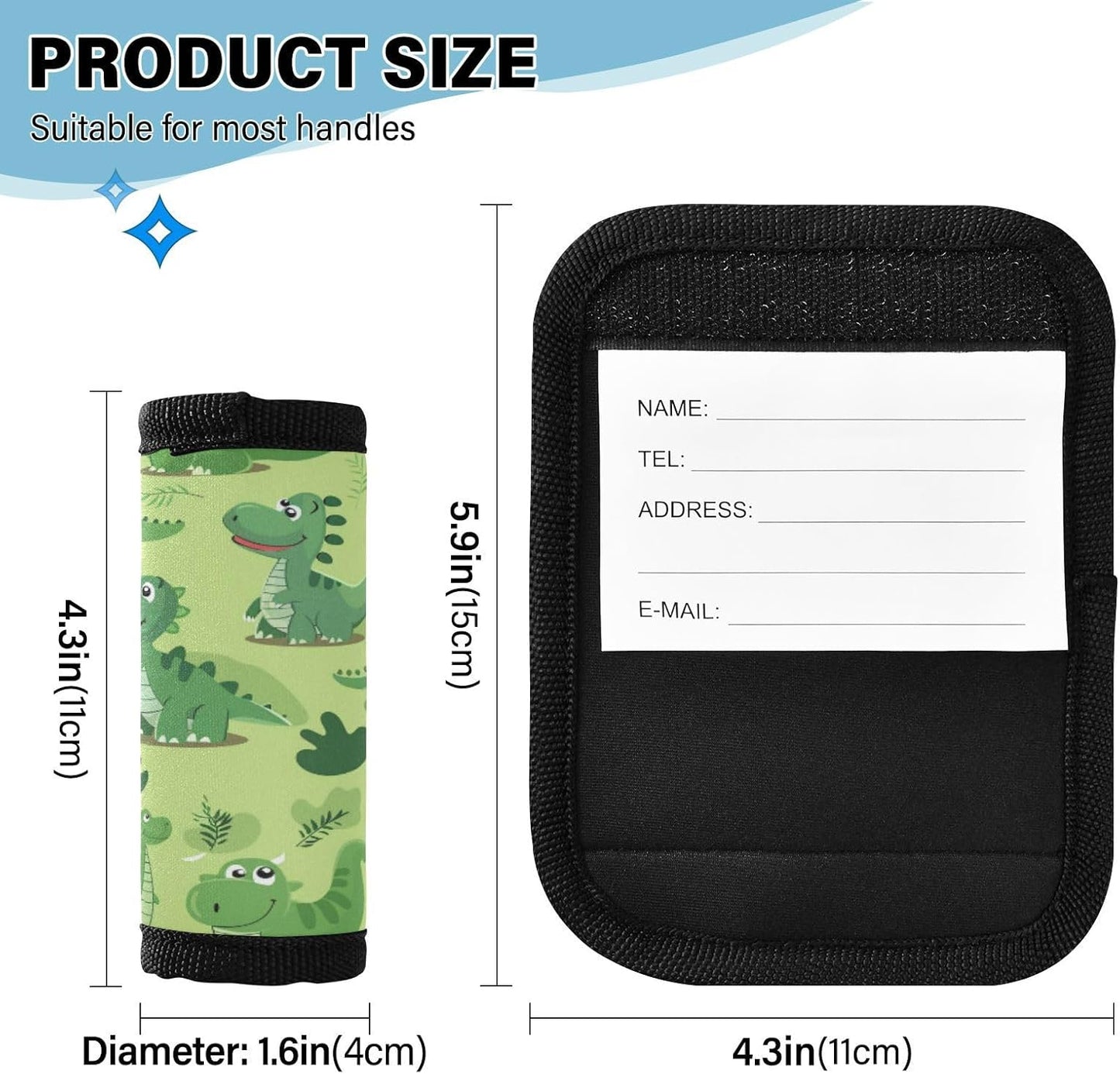 2Pcs Luggage Handle Wrap Suitcase Identifier Handle Covers Tags Soft Travel Bags Luggage Handle Gripper Accessories for Airplane Flying Cute Dinosaur Green Cartoon