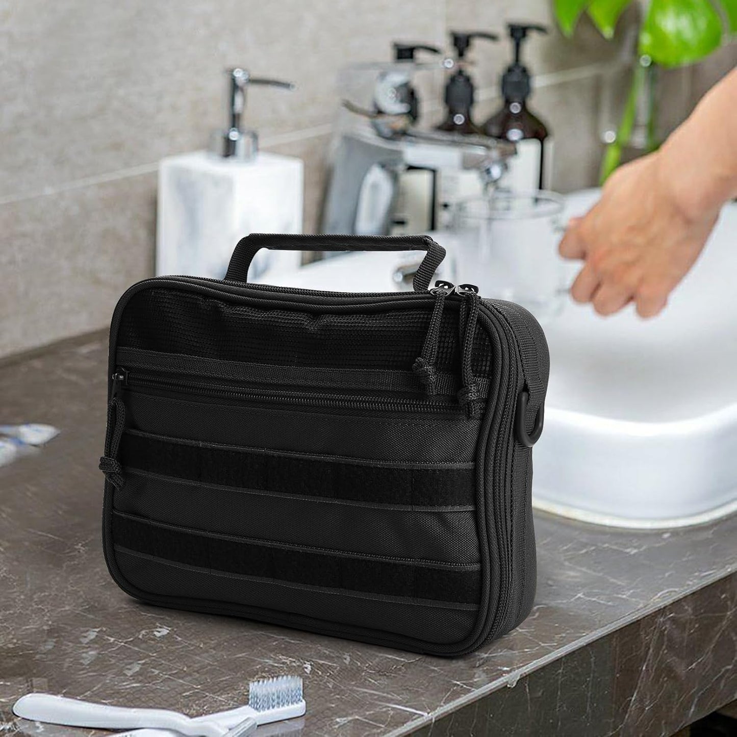 Tactical Travel Toiletry Bag for Men and Women, Hanging Travel Toiletries Organizer Dopp Kit, Toiletry Shaving Hygiene Bag,Bathroom Essentials Men's Toiletry Bag for Short Trips Camping - Black