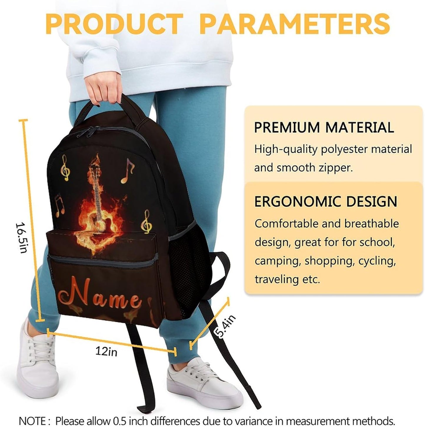 Mercuryelf Personalized Guitar Backpack for Girls & Boys, 16 Inch Black Flame Backpacks for School, Cool Lightweight Bookbag for Kids