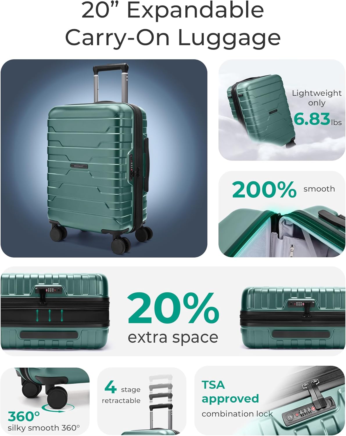 BAGSMART Carry On Luggage 22x14x9 Airline Approved with Spinner Wheels,Lightweight 20 Inch Luggage