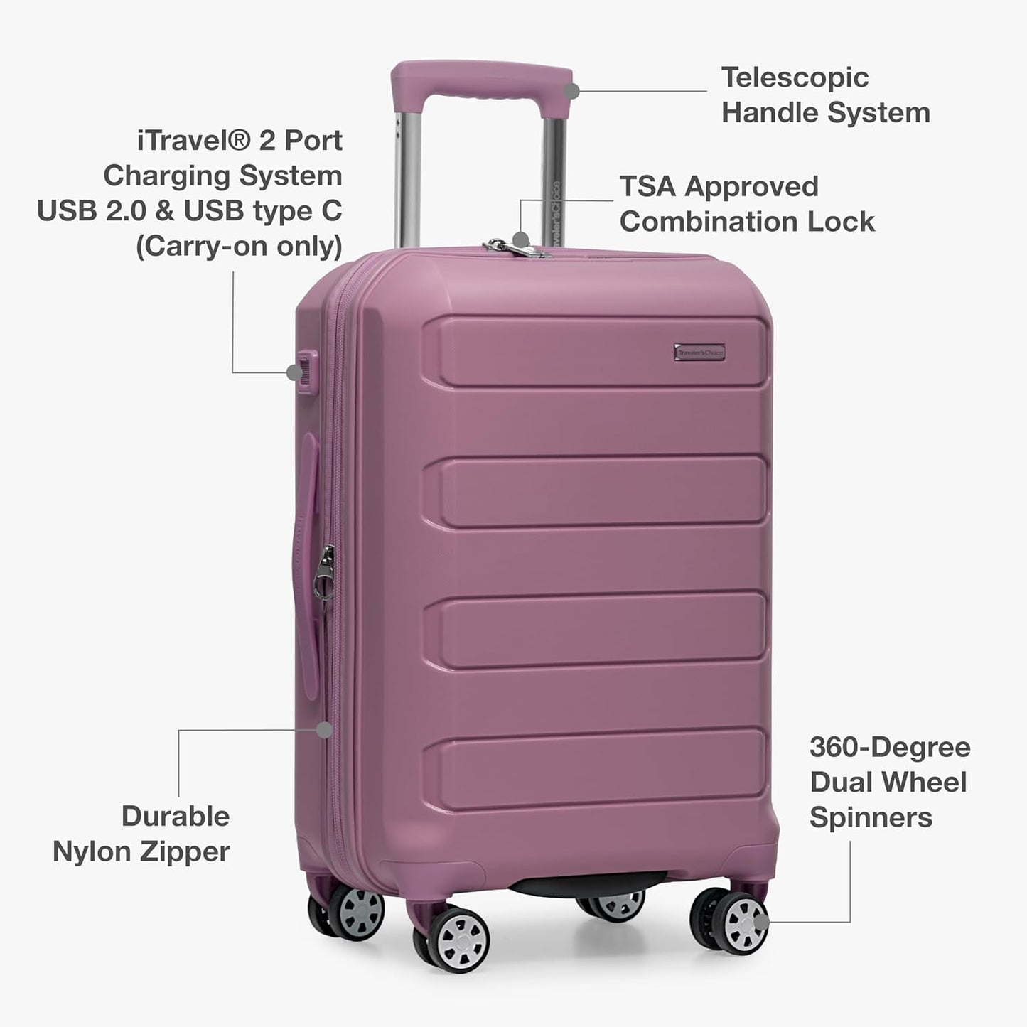Traveler's Choice Pagosa Indestructible Hardshell Expandable Spinner Luggage, Mauve, 26-Inch Medium