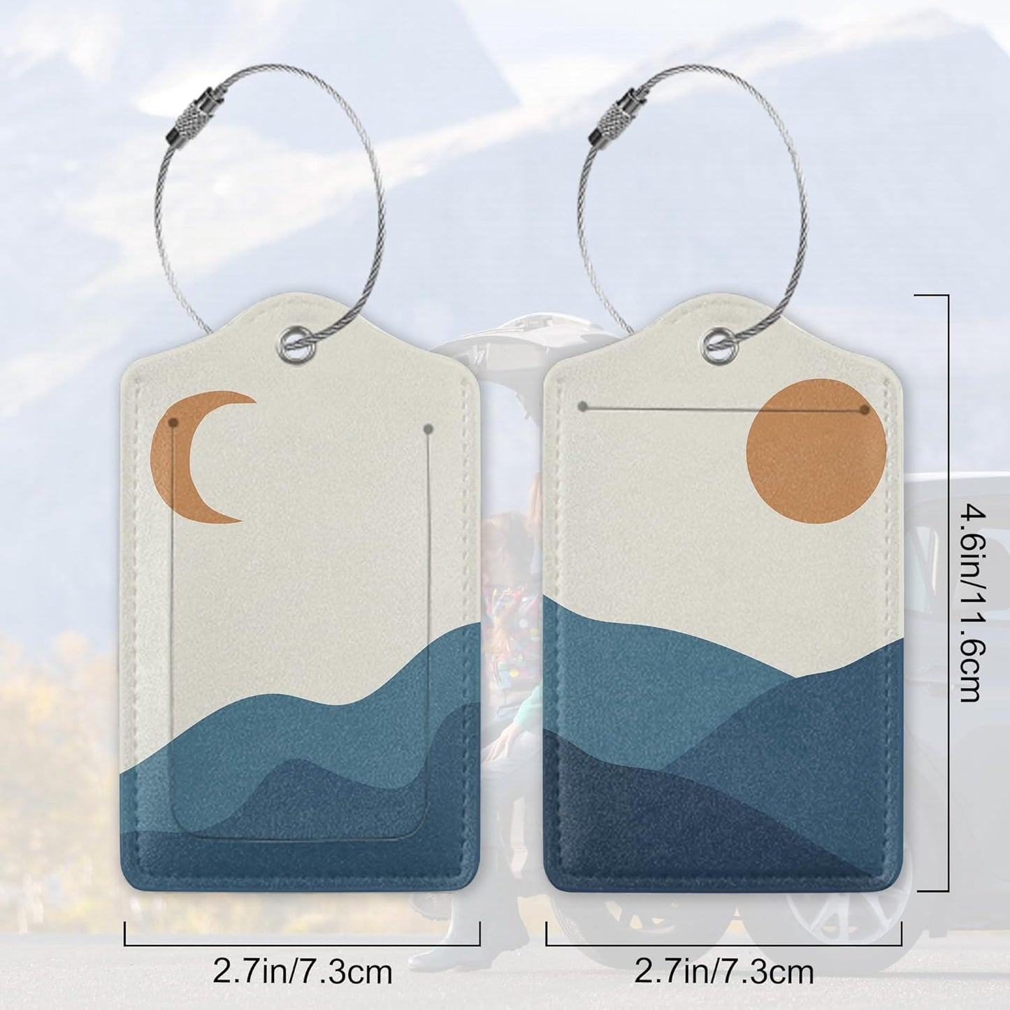 Abstract Blue Boho Sun Moon Mountains Luggage Tags for Suitcases, 2 Pack Cute PU Leather Suitcase Tag Identifiers with Address Card for Baggage Tag