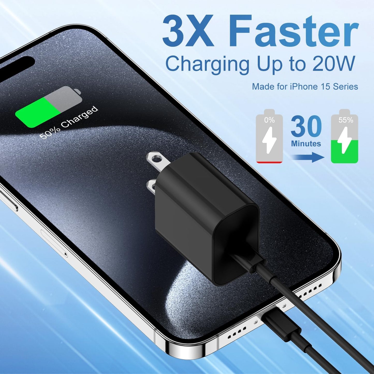 iPhone 17 16 15 Fast Charger Block and 10ft USB C to C Cable Cord Long for Apple iPhone 17 Pro Max/17 Air/16e/16 Plus/15/iPad Mini/Samsung,Type C Wall Charging Power Adapter Plug Cube Brick-Black