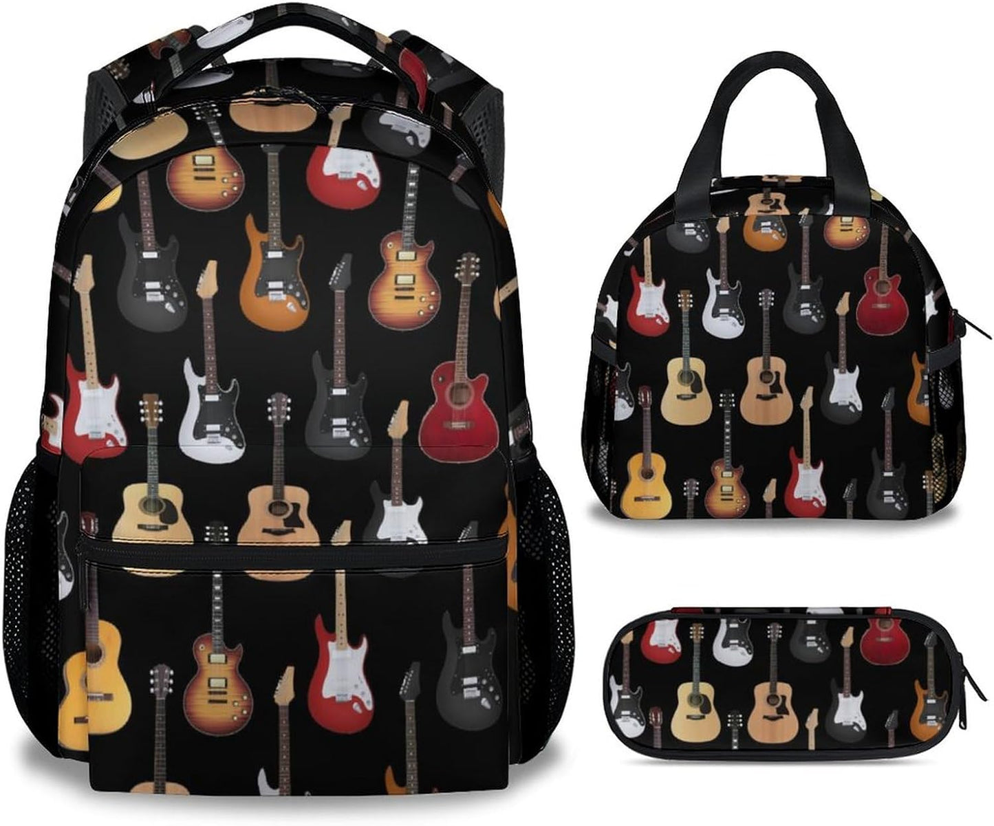 Mercuryelf Guitar Kids Backpack with Lunch Box Set, 3 in 1 School Backpacks Matching Combo, Popular Black Bookbag and Pencil Case Bundle