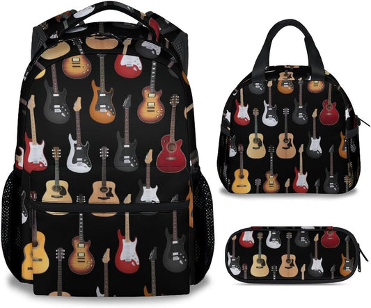 Mercuryelf Guitar Kids Backpack with Lunch Box Set, 3 in 1 School Backpacks Matching Combo, Popular Black Bookbag and Pencil Case Bundle