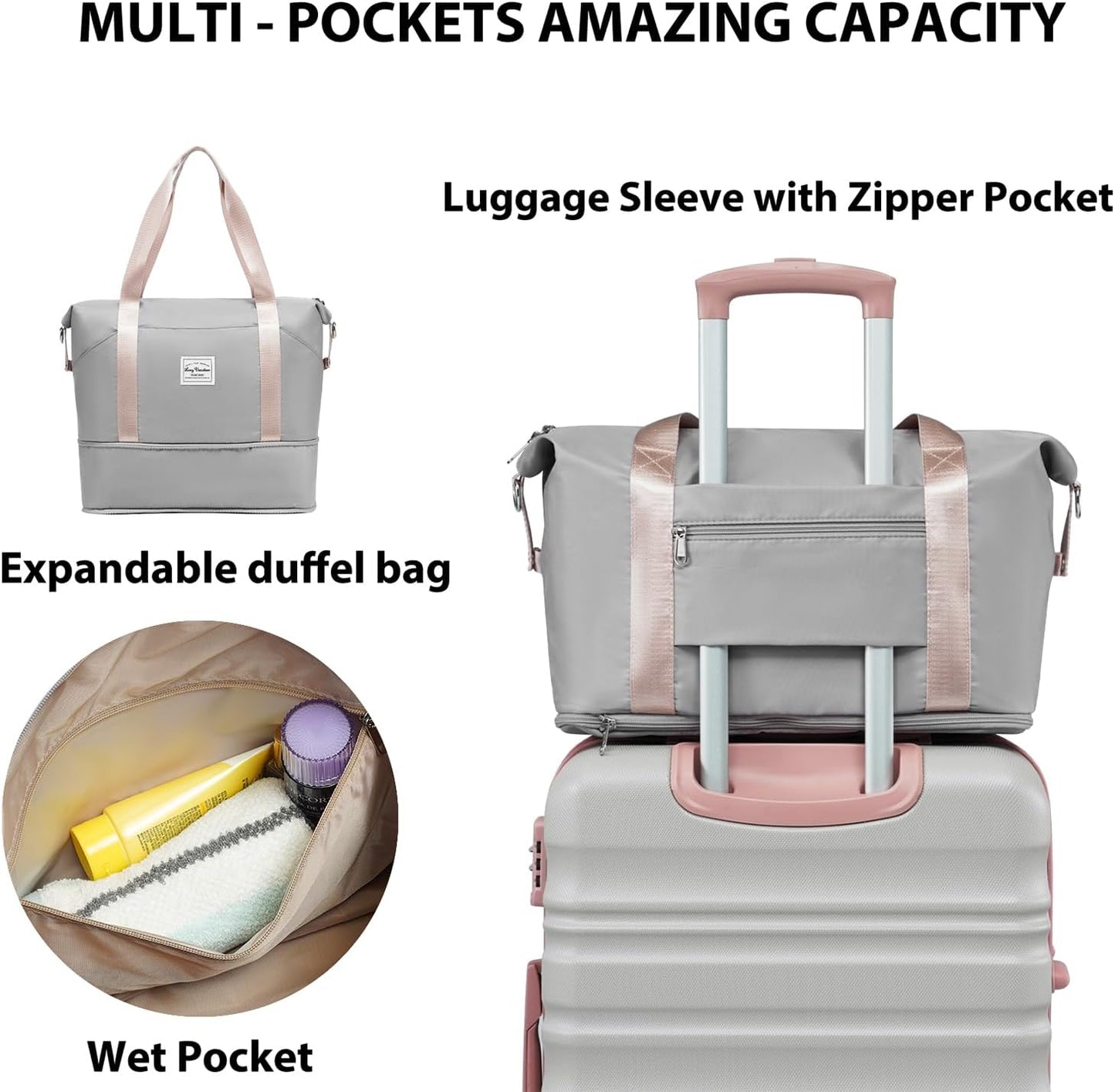 LONG VACATION 6 Piece Luggage Set Carry on Suitcase with ABS+PC hardshell, Spinner Wheels & YKK Zipper TSA Lock (GREY-PINK, 6 piece set)