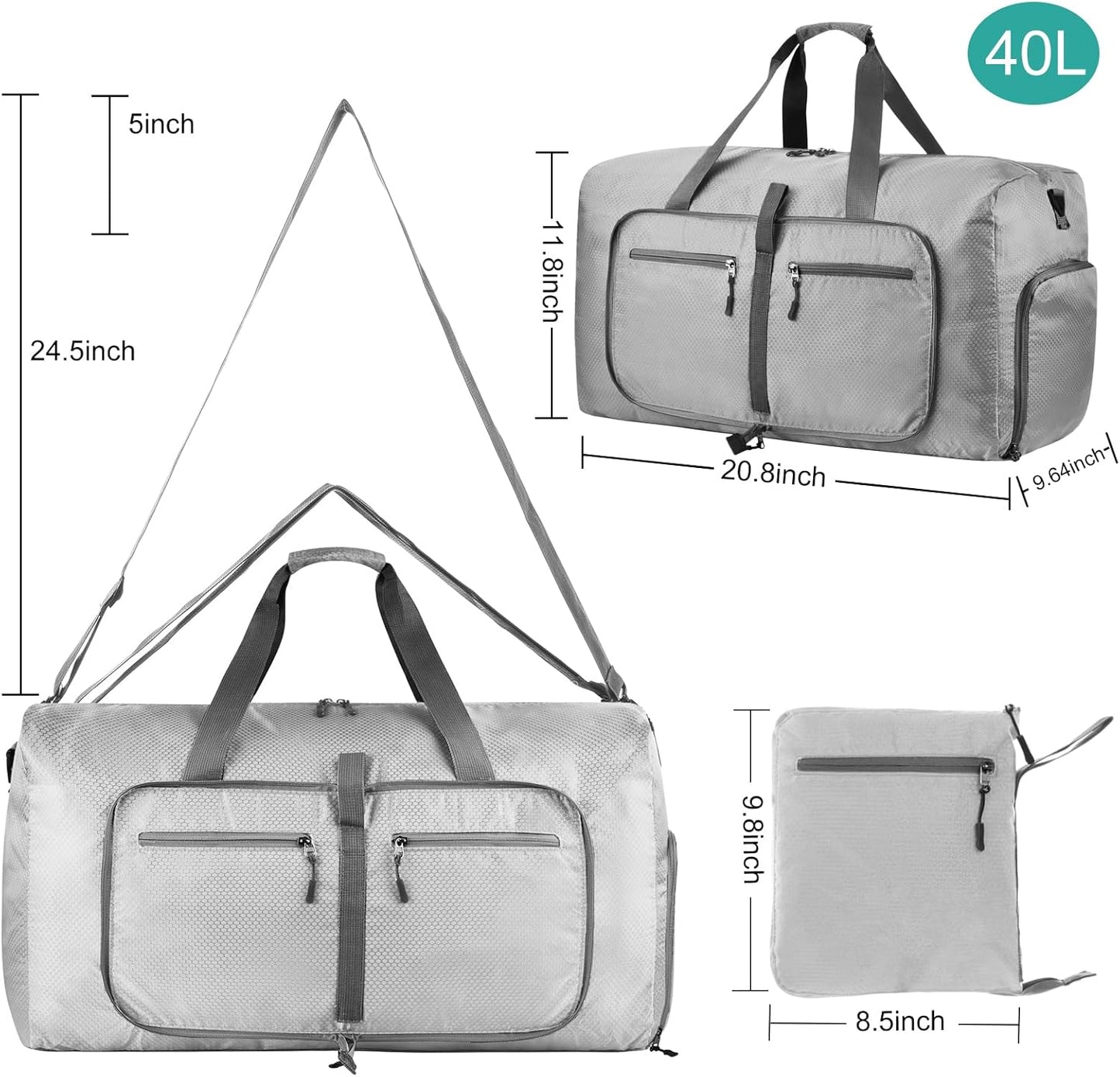 Dimayar Travel Duffle Bag for Men Women - Foldable Duffel Bag with Shoes Compartment - Overnight Bags Waterproof & Tear Resistant(40L,Space Gray)