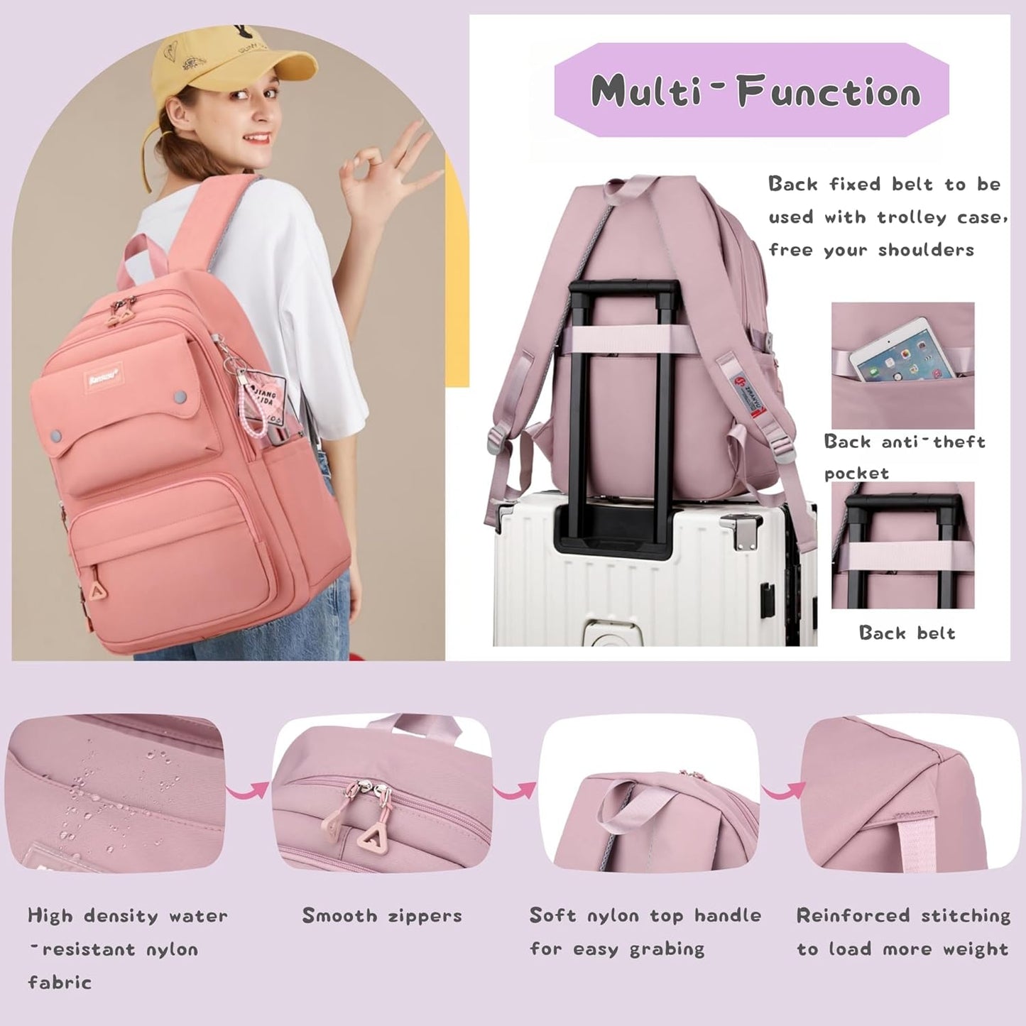 3Pcs Pink Kids Backpack and Lunch Bag Set for Girls, Solid Color School Bag Backpack with Lunchbox