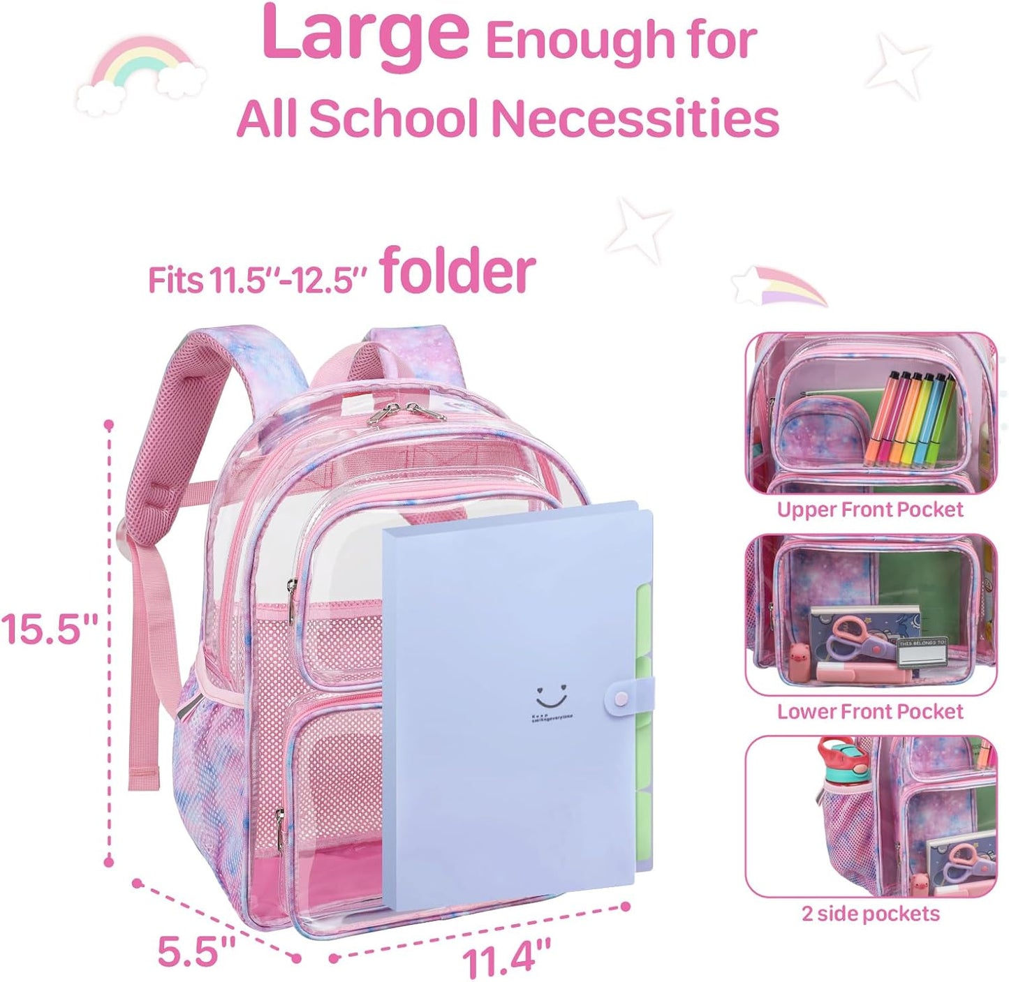 Bagseri Clear Backpack for Girls - 15 Inch Clear Bookbag for Kids Aged 3 to 8 Heavy Duty Transparent Backpack for School, Cute See Through Bag with Reflective Strip, Pink Tie-dye