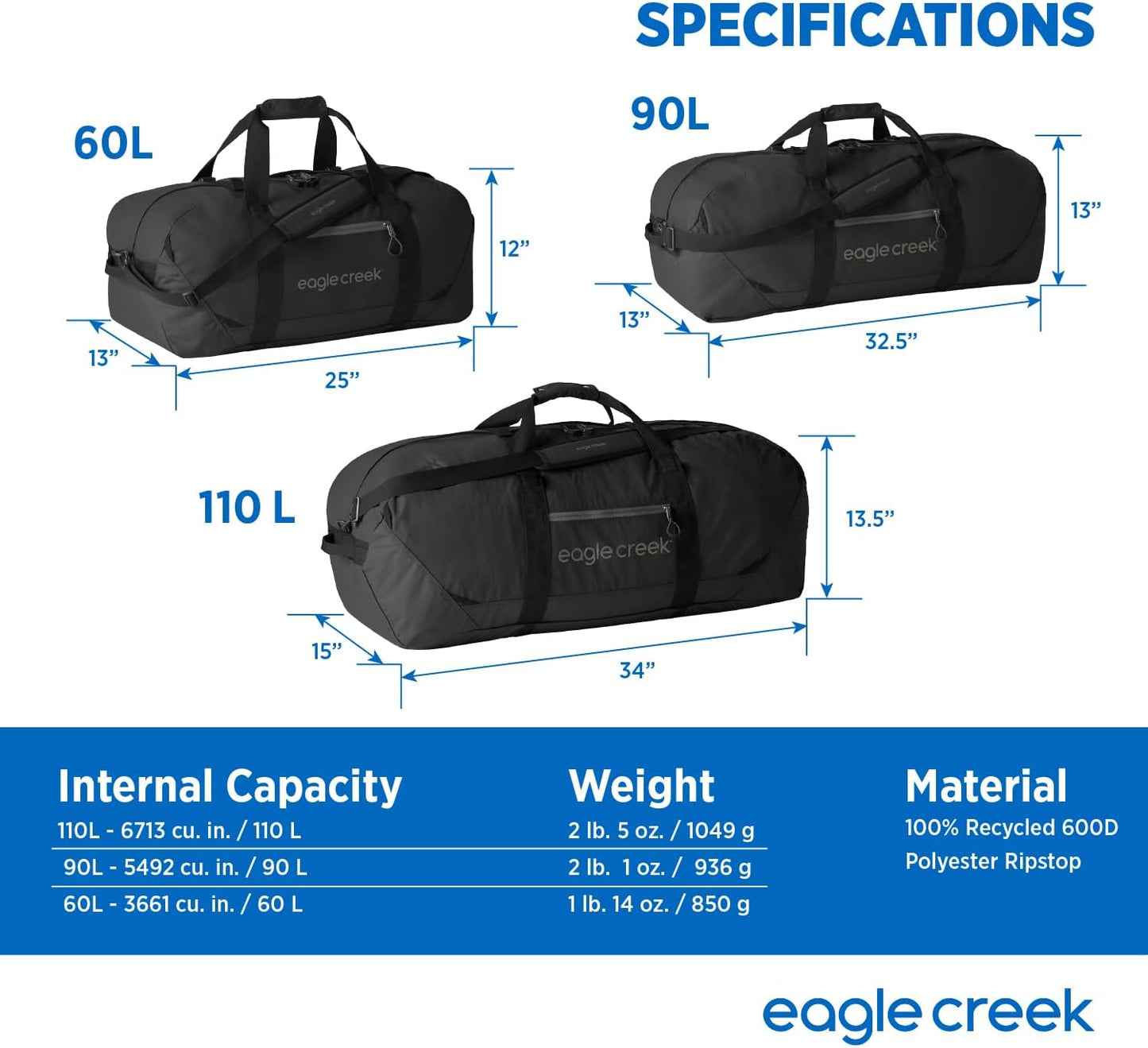 Eagle Creek No Matter What Duffel Bag - Eco Friendly Duffel for Sustainable Travel - Adjustable Shoulder Strap - Multiple Carry Options - Easy to Store - Black - 90L