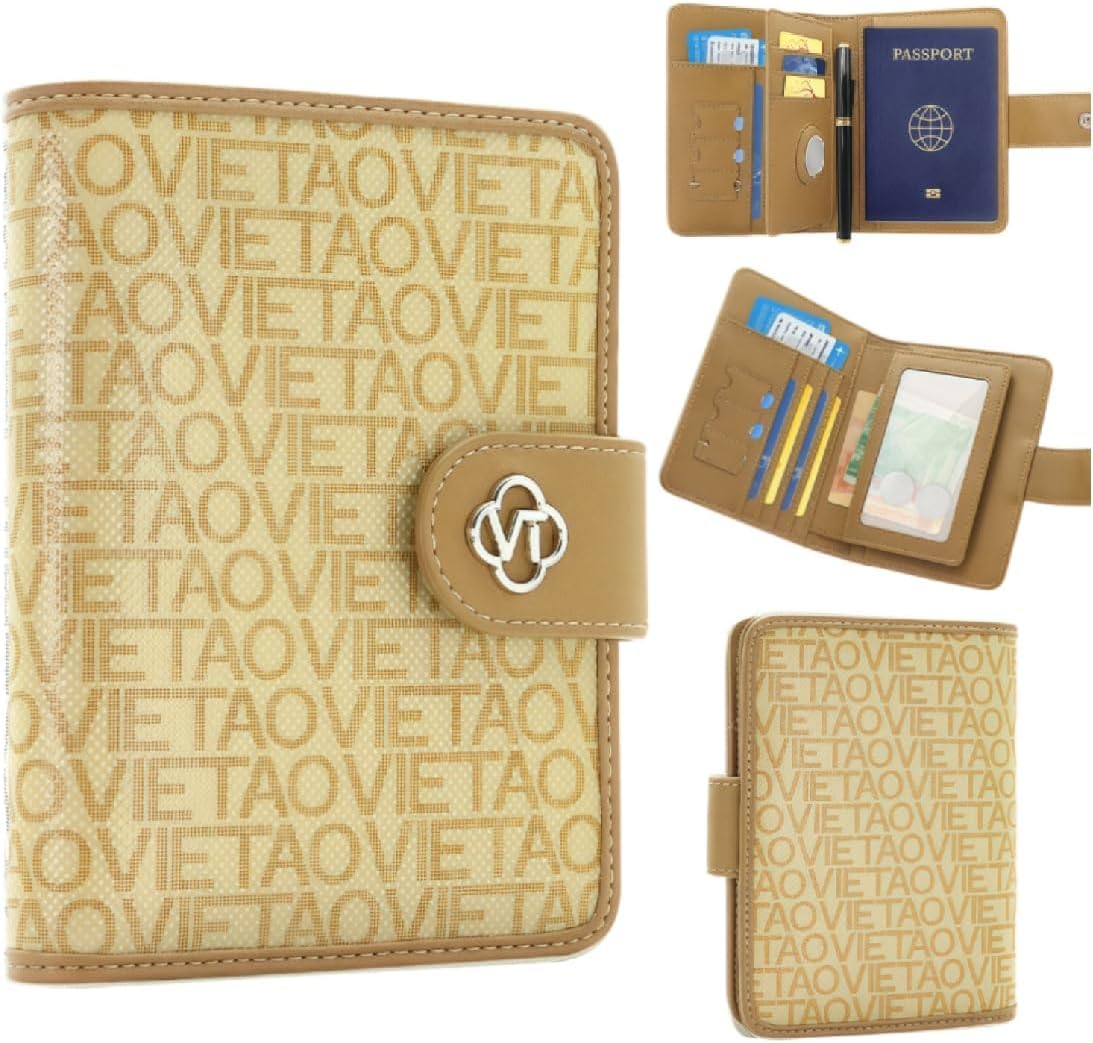 RFID Blocking Leather Passport Holder for Travel, Airtag Passport Wallet for Men and Women, Cards, Passport, Tickets, Cash, Photo and Sim Card Pen Slot (Apricot)