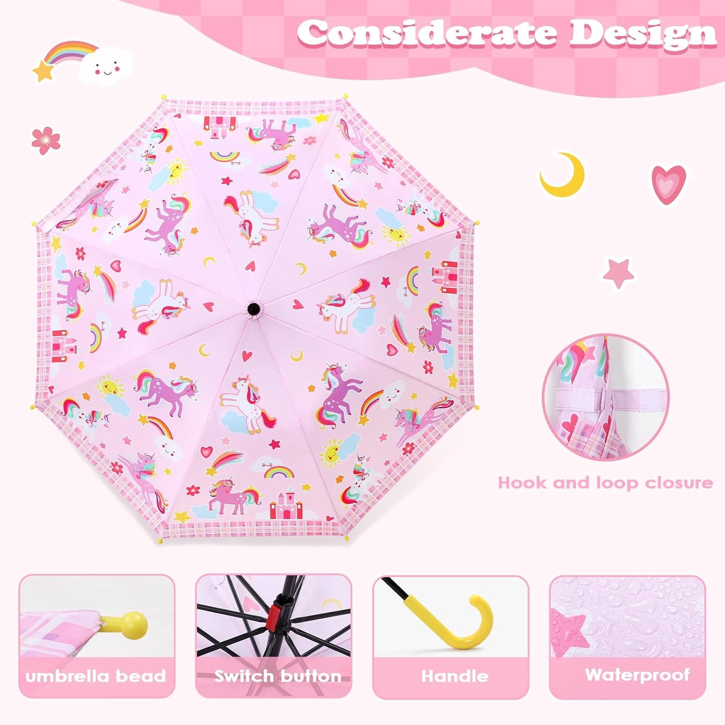 Kids Umbrella, Safety Windproof Umbrella with Easy-Grip Hook Handle for Toddler Girls and Boys