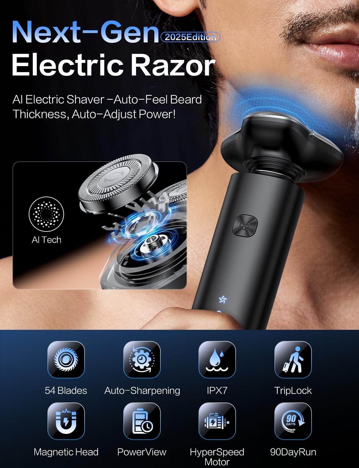 Electric Razor for Men, Men's Electric Shaver, 3-Blade Rotary Shaving System, Touch Switch, Type-C