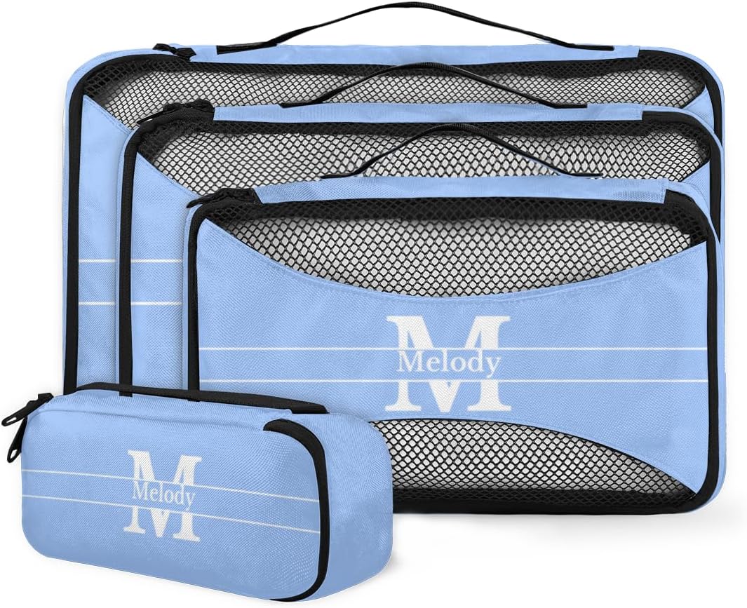 Custom Name 4 Pcs set travel luggage organizer Mesh Travel Essentials for Suitcases, Light Sky Blue with Initial Letter