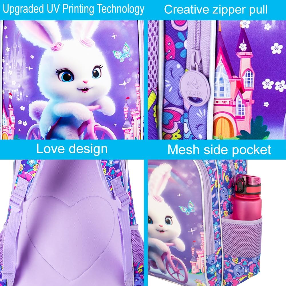 3PCS Girls Rabbit Bookbag, 16" Kids Backpackwith Lunch Box, Water Resistant School Bag for Elementary Prechool Toddler