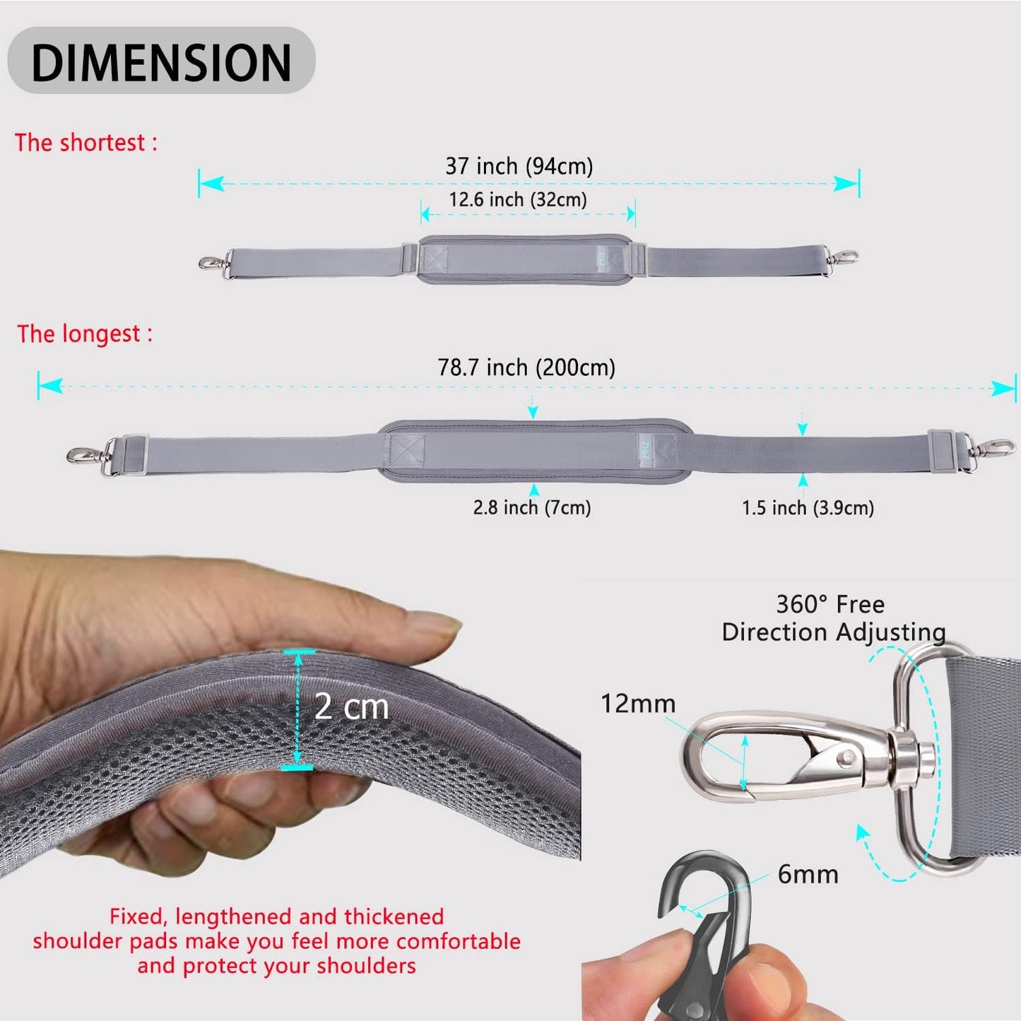 ZINZ 79 inch Shoulder Strap, Extra-thick Fixed Cushion Pad and Dual Clasps Universal Replacement Strap with Metal Swivel Hooks for Laptop Bags, Luggage Bags, Camera, Crossbody (200cm,Gray)