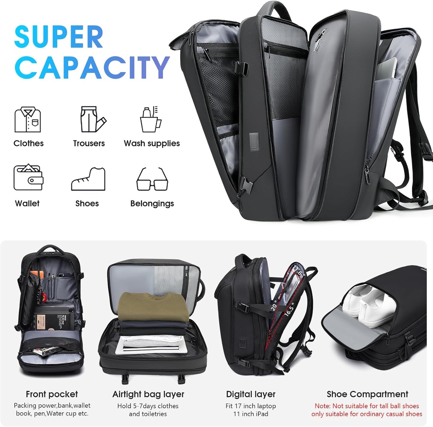 Vacuum Backpack for Men, 50L Expandable Travel Backpack With Vacuum Seal System, Water Resistant 17.3 Inches Laptop Backpack with USB Charging Port-Not Vaccum Pump Included