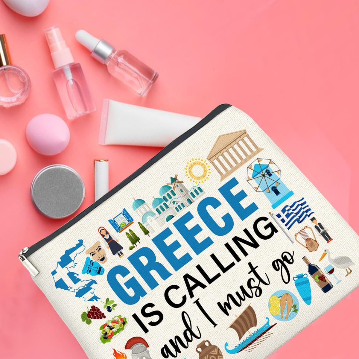 Greece Travel Gifts Makeup Bag Souvenir Gifts for Women Friends Traveler Cosmetic Bag Greece Is Calling Zipper Makeup Pouch Gift