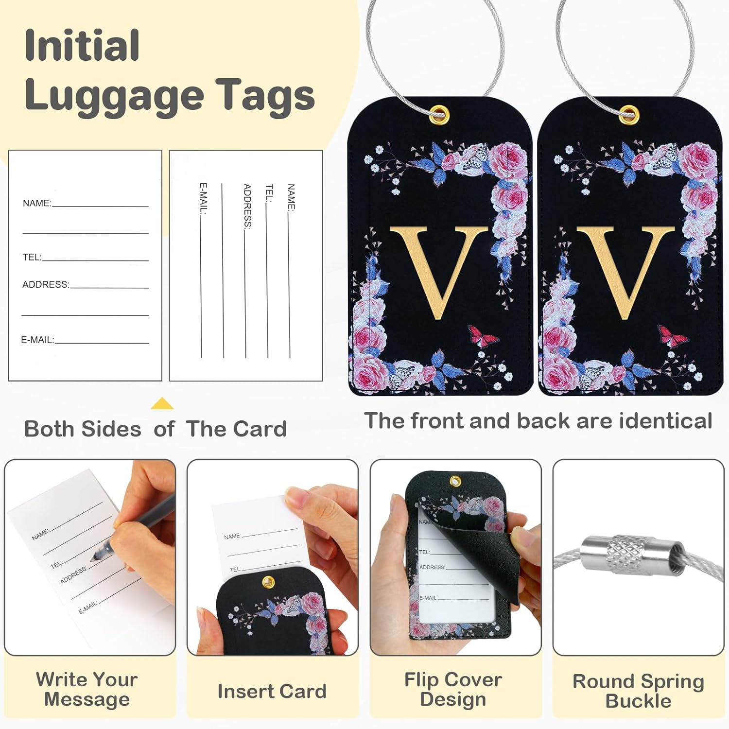 3 Pack Luxury Floral Luggage Tags, Durable PU Leather Suitcase Tags with Stainless Steel Cable
