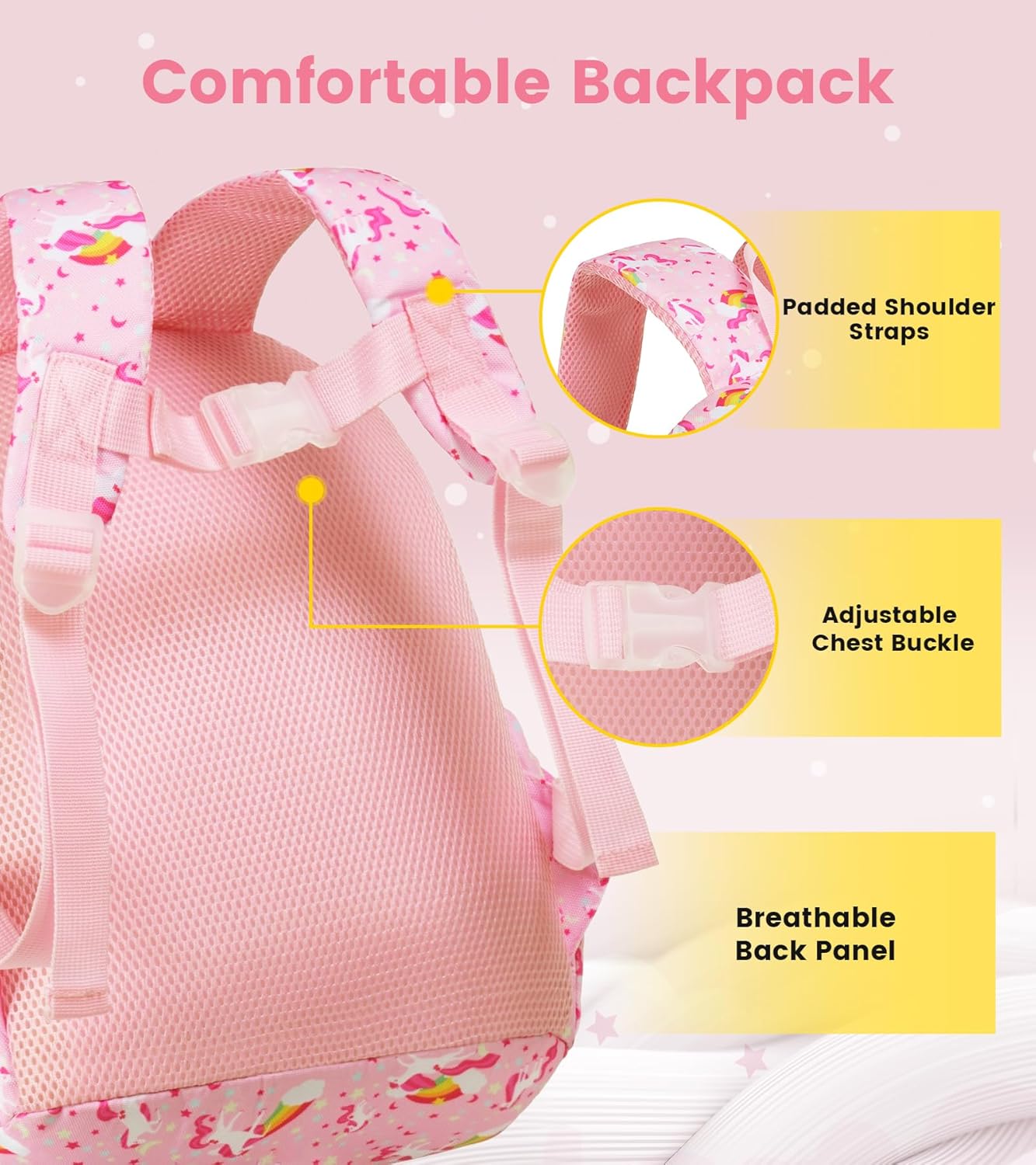 Vorspack Toddler Backpack for Girls - 12 Inch Kids Backpacks for Girls Ages 3-4, Cute Unicorn Bookbag School Bags for Kindergarten, Preschool - Pink
