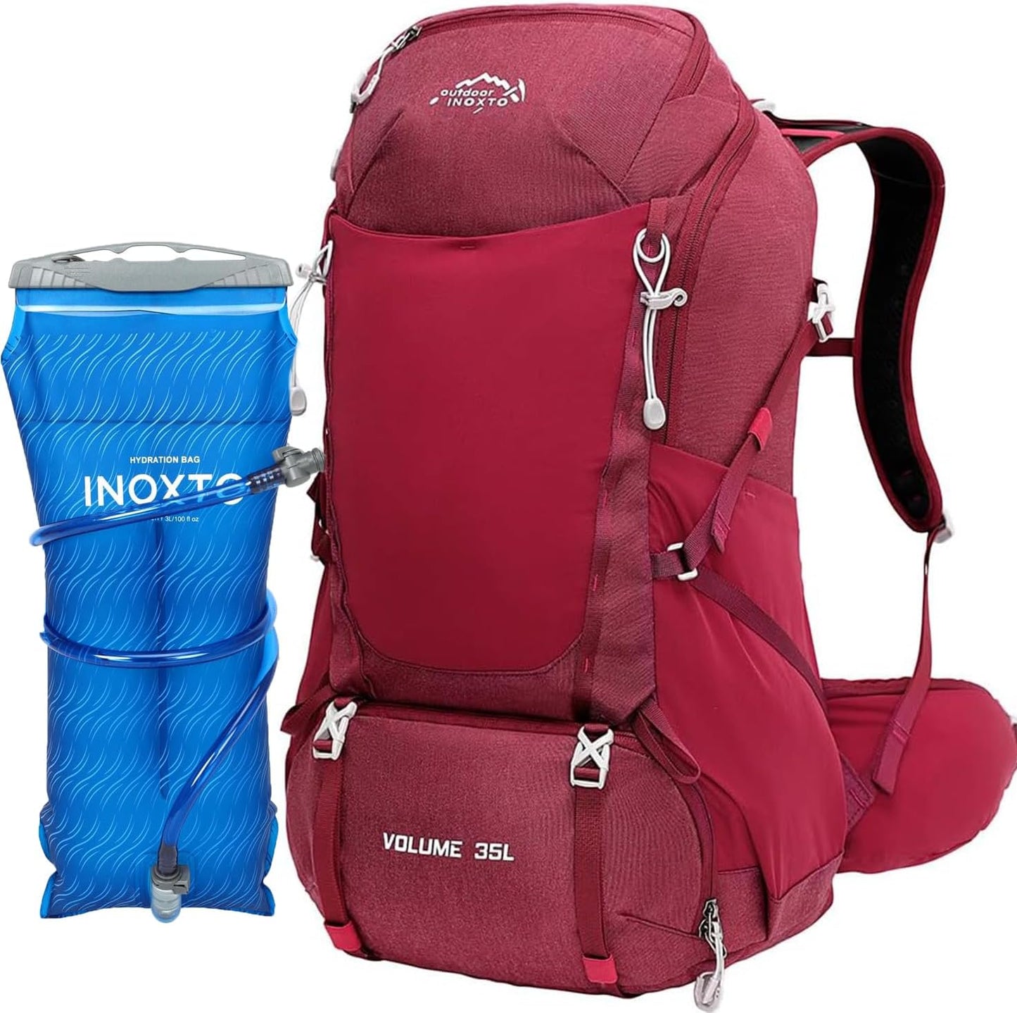INOXTO 35L Hiking Backpack with 3Lwater bladder, Camping Backpack with Waterproof Rain Cover for Men, Outdoor Sport Travel Daypack for Climbing (Red)