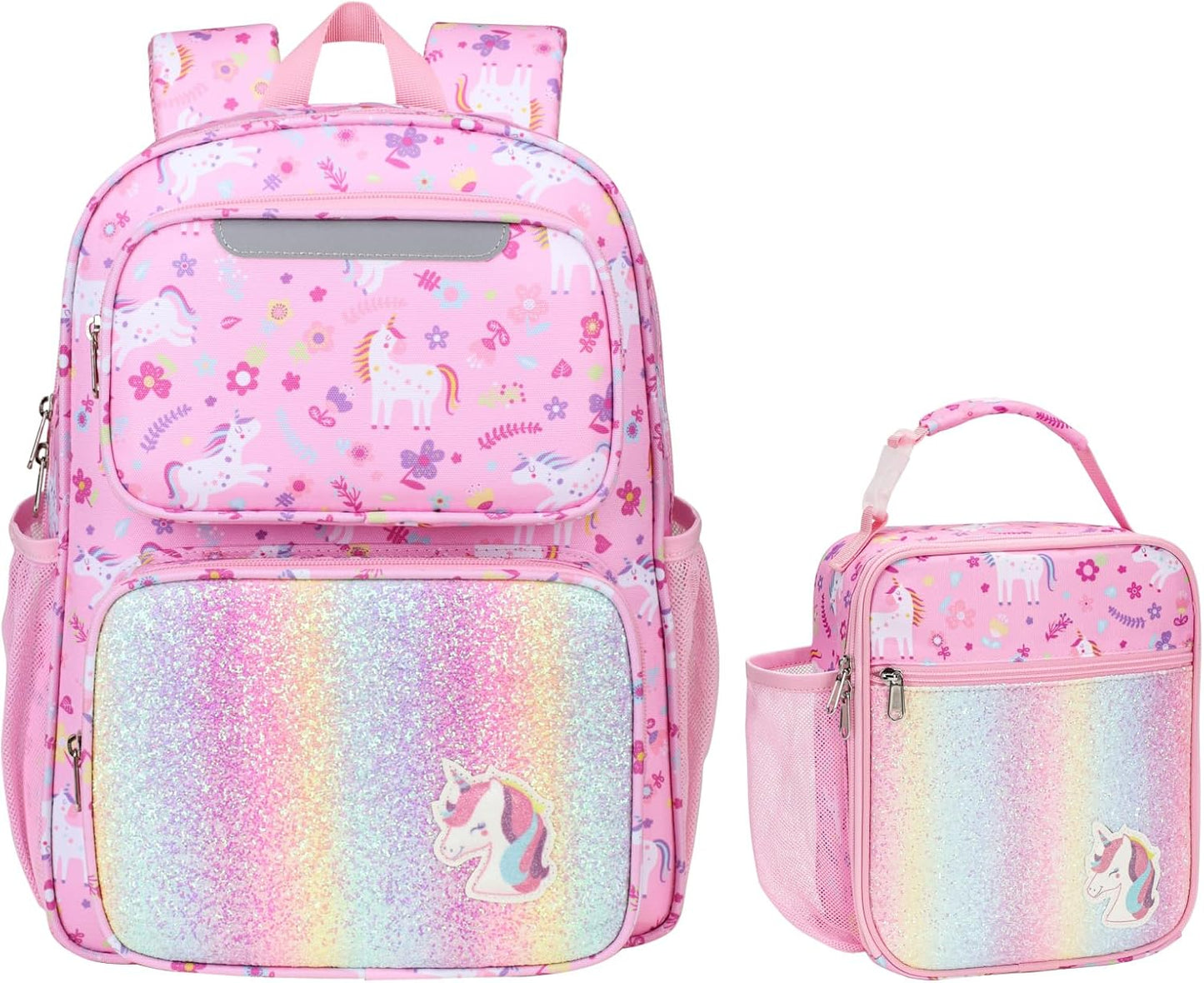 Kids Backpack with Lunch Box - 15 Inch Backpack for Girls 3 to 8, Lightweight Bookbag for Preschool Kindergarten Elementary School, Insulated Pocket, Safe Reflective Stripe, Pink Unicorn