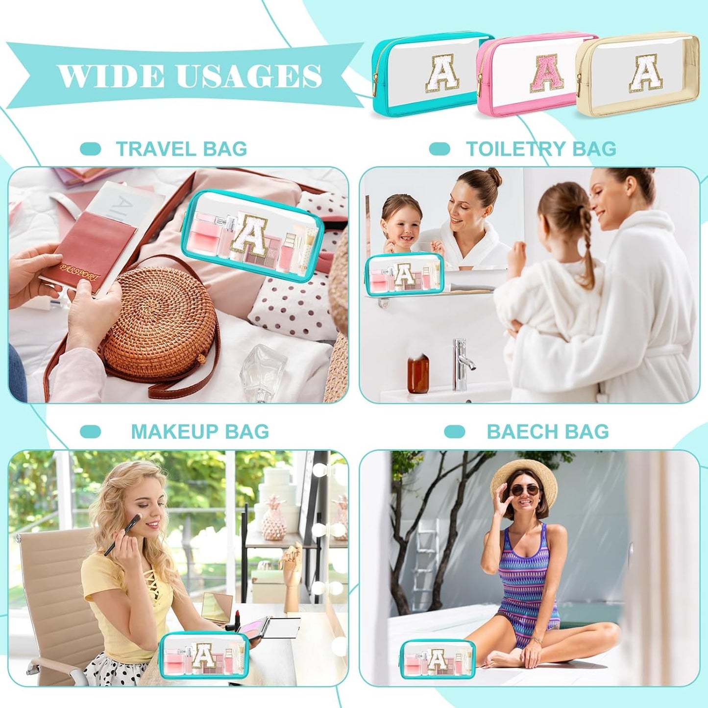 Personalized Initial Letter Clear Makeup Bag,Preppy Small Nylon&PVC Cosmetic Zipper Bag with Chenille Letter,Portable Beach Travel Skincare Toiletry Bag,Trendy Monogram Gift for Teen Girls Women,A