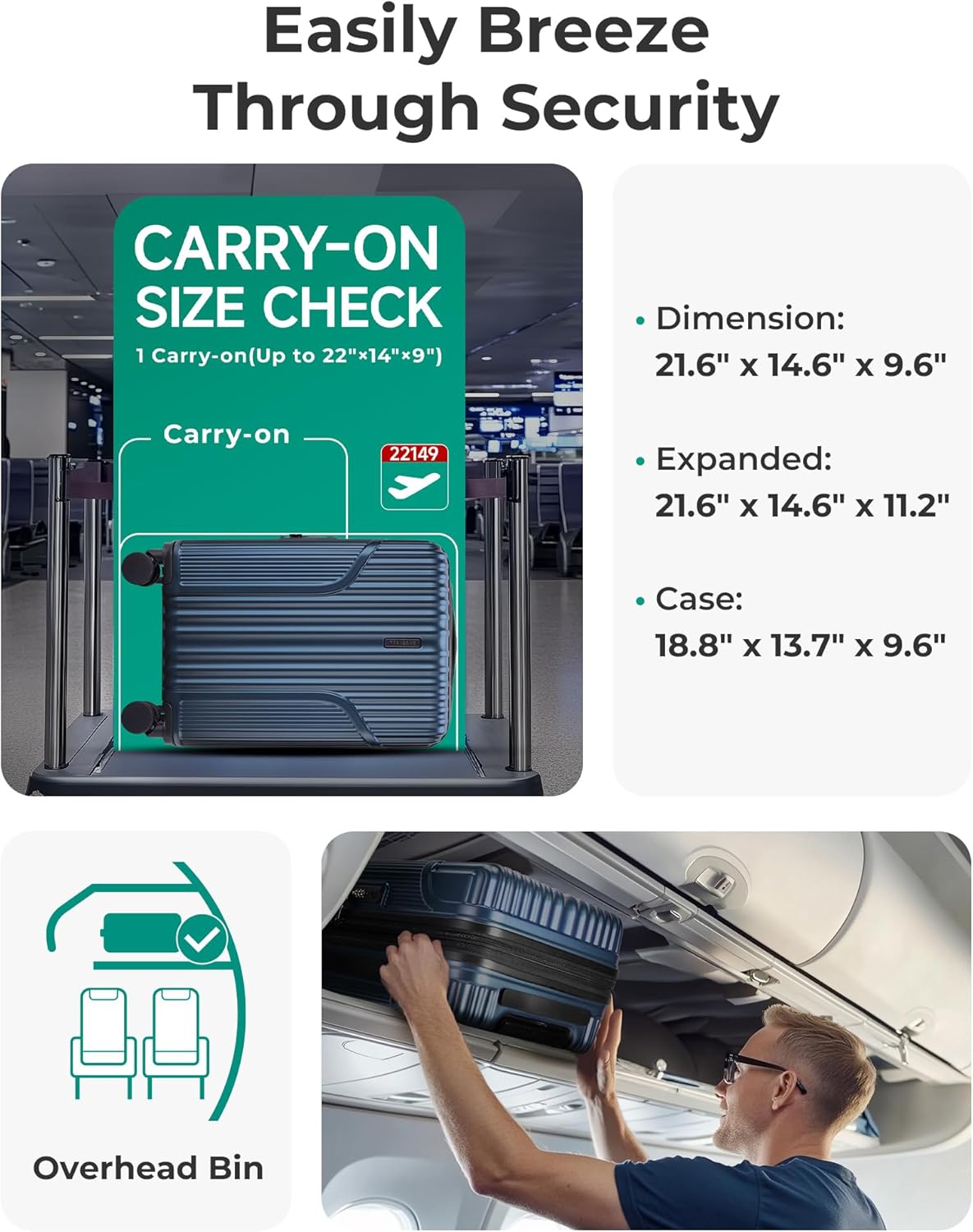 BAGSMART Carry On Luggage 22x14x9 Airline Approved, Lightweight luggage with Spinner Wheels, 20 Inch Expandable Hardside Carry On Suitcase with TSA Lock Rolling Travel suitcase Carry-On, Dark Blue