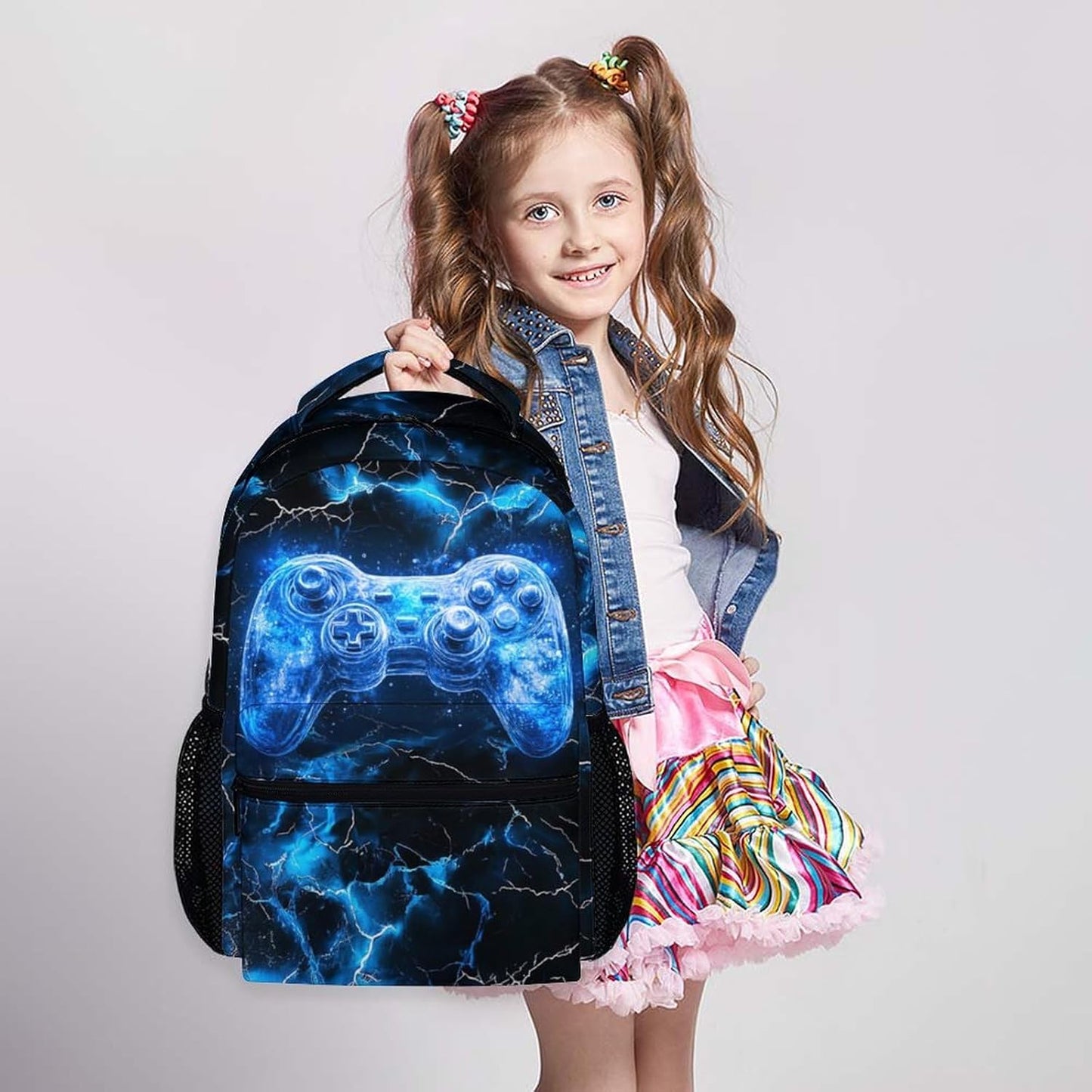 Kids Backpacks, Boys Bookbag, 17 Inch Colorful Blue Gamer Backpack for Teen Boys, Cool Leisure Schoolbag Gift for Travel, Work School Vacation