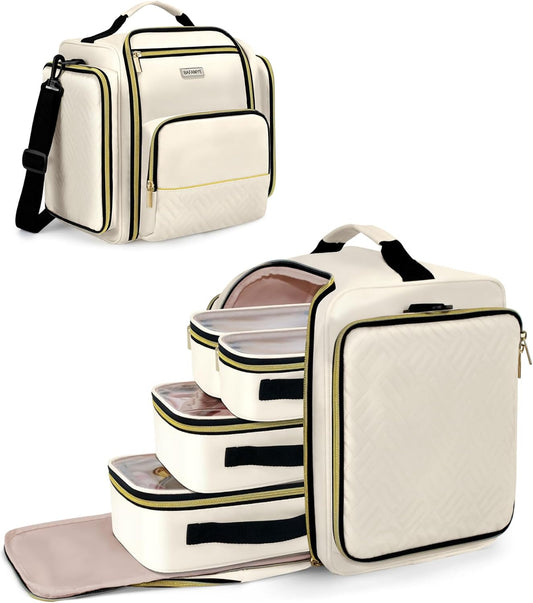 Large Travel Makeup Bag - Cosmetic Organizer with 4 Removable Inner Pockets, Multi-functional Toiletry Bag for Accessories & Brushes, Women's Beauty Case, Beige