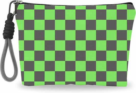 Make Up Bag, Cosmetic Bag With Hand Strap - Black & Green Checkerboard - Lined Toiletry Bag For Woman - Travel Pouch, Organizer With Zipper, Women Essentials & Accessories - A06