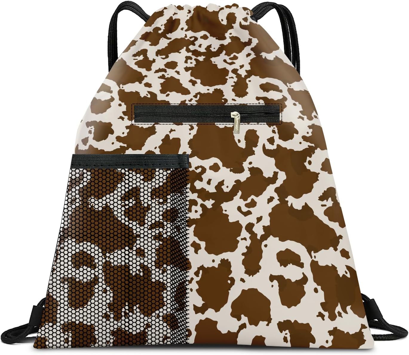 Drawstring Backpack Sports Gym Bag, Large String Swim Bag for Beach With Water Bottle Mesh Pocket, Cute Gym Sack with Zipper Pocket for Men Women Luxuious Cow Print